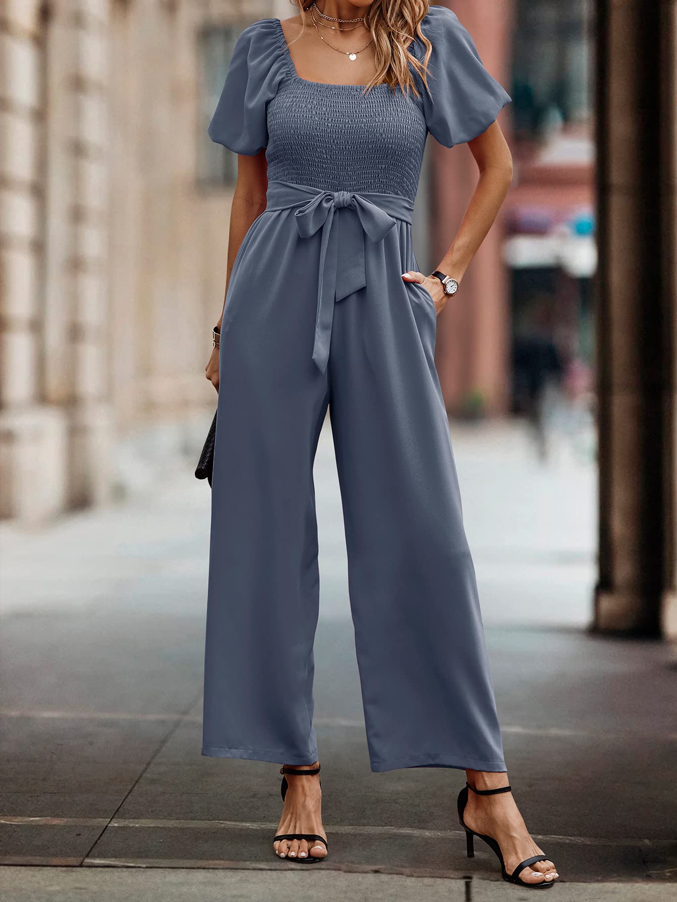 Mono elegante de verano para mujer, con escote cuadrado y cinturón, manga corta, mangas abullonadas, pernera ancha