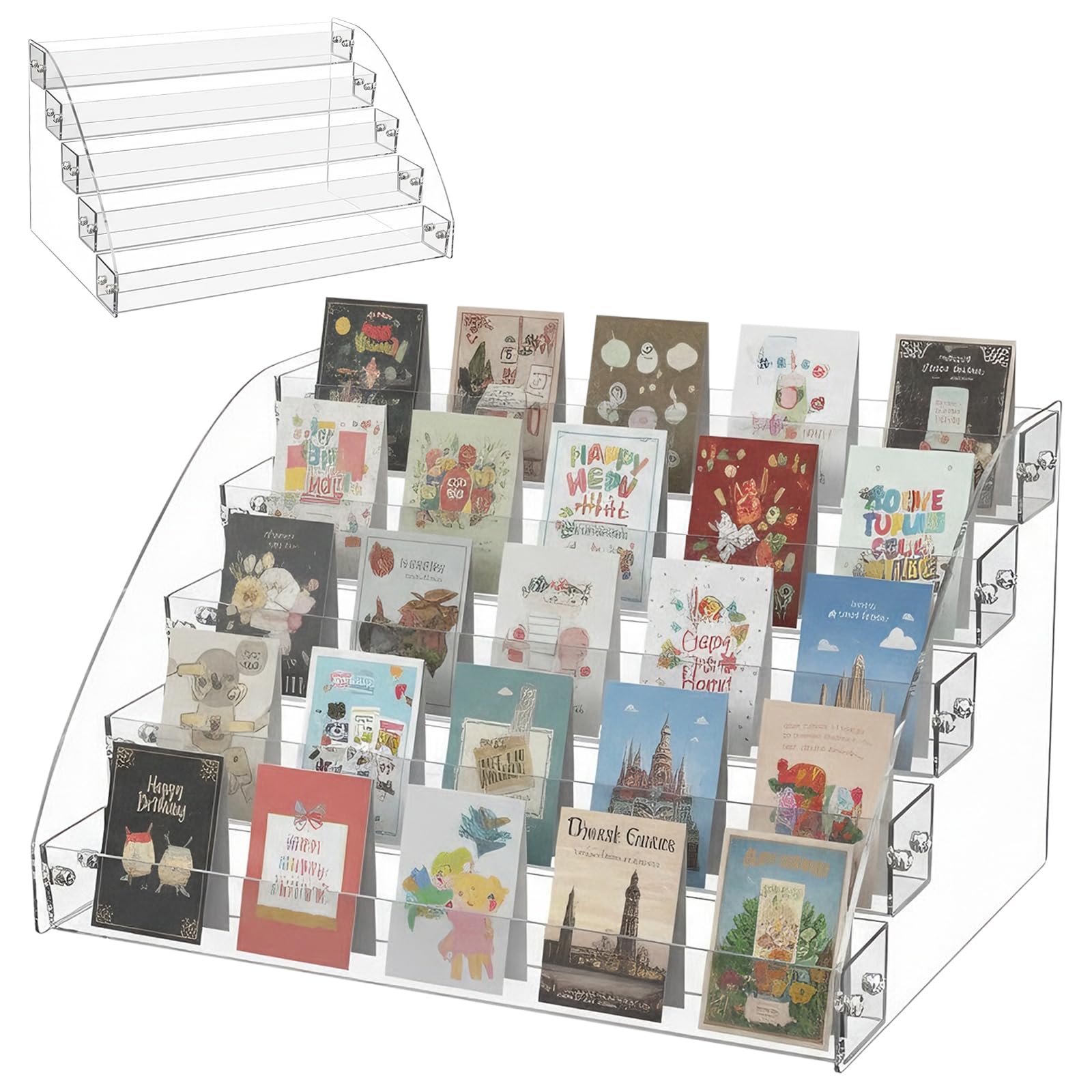Xqzbmt 5-Tier Greeting Card Display Stand, Transparent Trading Card Stand for Photo Holder, Collectible Card Slabs, Leaflet, Toploaders, Postcards, Desk Display Shelf for Retail & Home Organisation