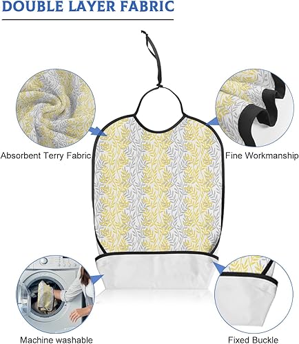 Miniatura 5 de Adult Bibs for Elderly Women - Yellow Grey Botanical Waterproof Dining Clothing Protectors with Crumb Catcher for Eating/Feeding, Pastoral Spring