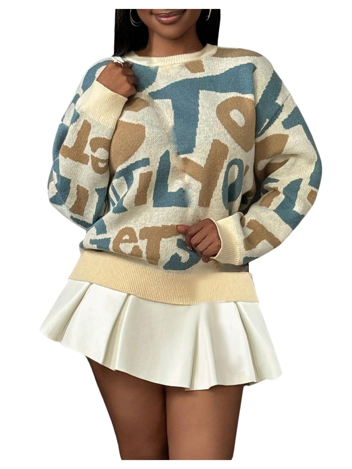Womens Letter Graphic Sweaters Crew Neck Long Sleeve Pullover Sweater Jumpers