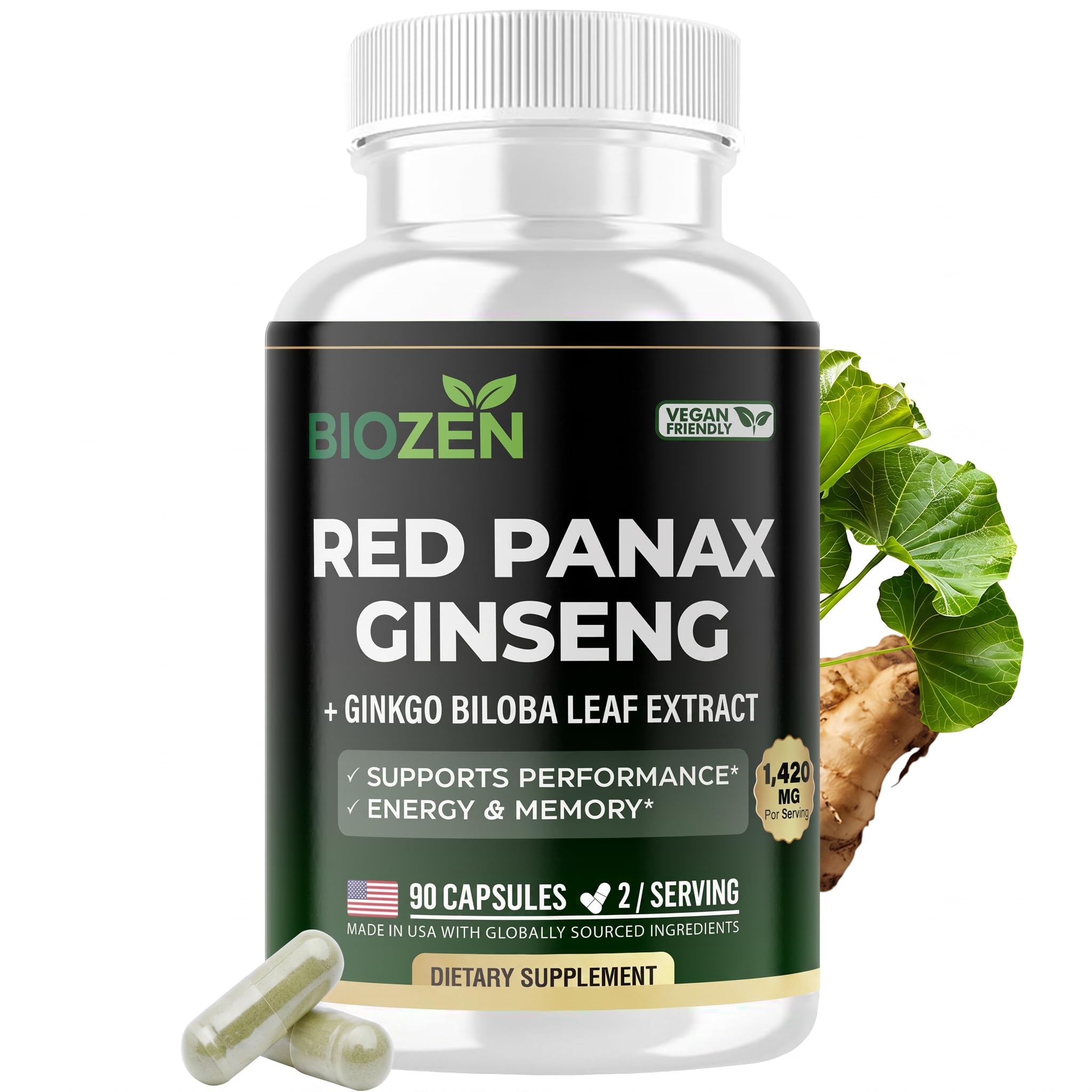 Korean Red Panax Ginseng 700mg + Ginkgo Biloba 720mg | 7% Ginsenosides Root Extract | Energy, Focus, Memory & Stamina for Men & Women | Adaptogen Supplement | 90 Vegan Capsules