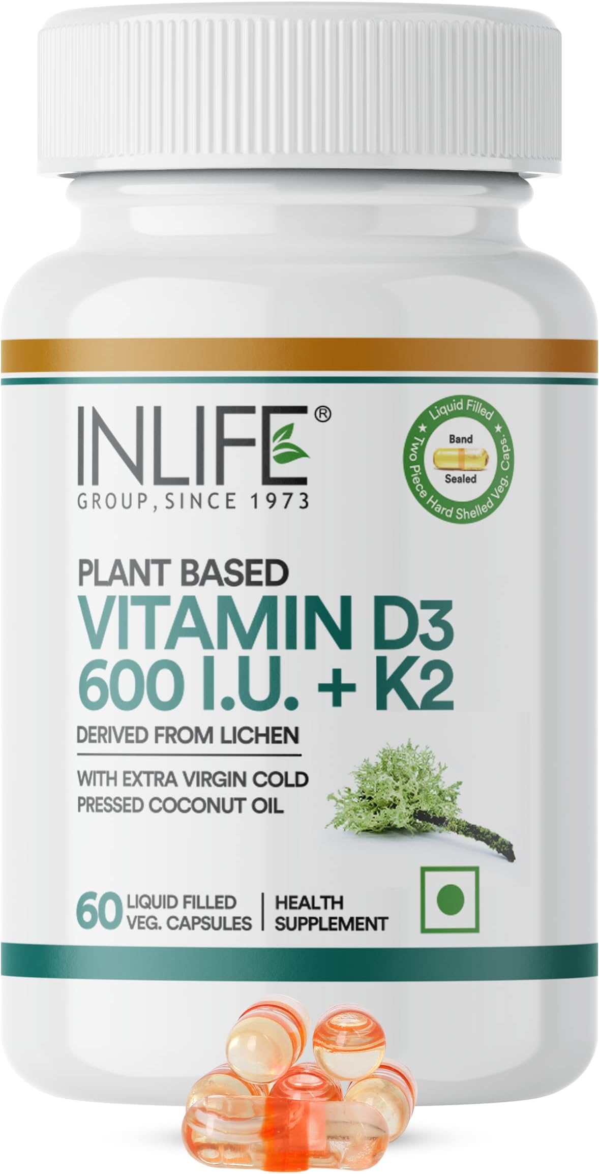 INLIFE Vitamin D3 K2 Capsules | Supports Bone, Muscle & Immunity Health | Plant‑Based D3 600 IU from Lichen with K2 MK7 55 mcg | Men & Women | 60 Vegetarian Capsules (Pack of 1)