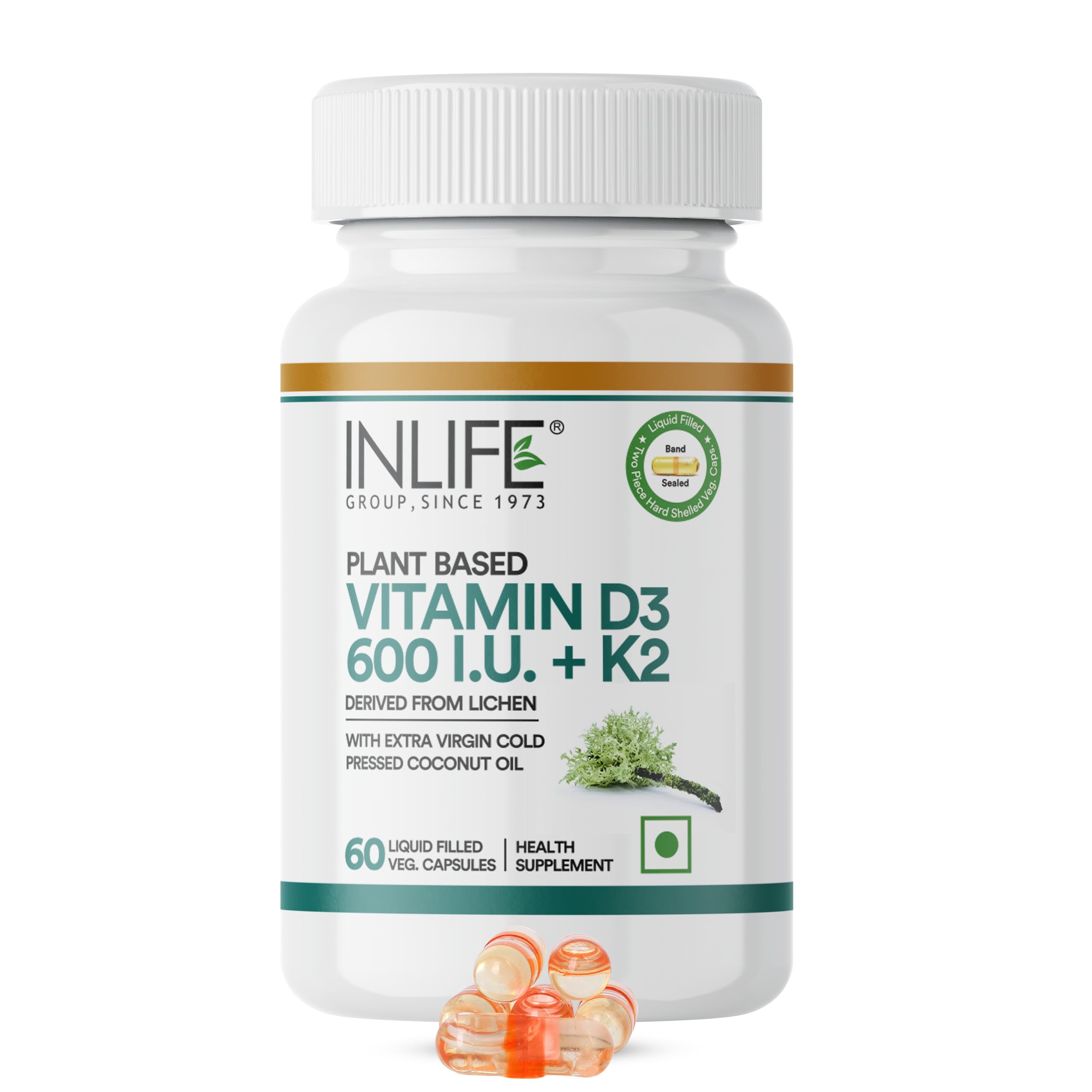 Vitamin D3 K2 Supplement | Plant Based D3 600 IU Lichen & Vitamin K2 MK7 55mcg | With Extra Virgin Cold Pressed Coconut Oil for Better Absorption, Men & Women - 60 Vegetarian Capsules (Pack of 1)