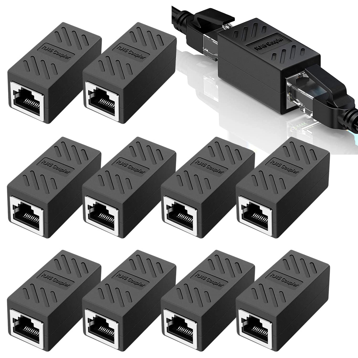 KASTWAVE RJ45 Coupler, 10 Pack in-Line Coupler Cat7/Cat6 /Cat5/ Cat5e Ethernet Network Cable Extender Adapter, Female to Female, Support 100BASE-TX (Black)