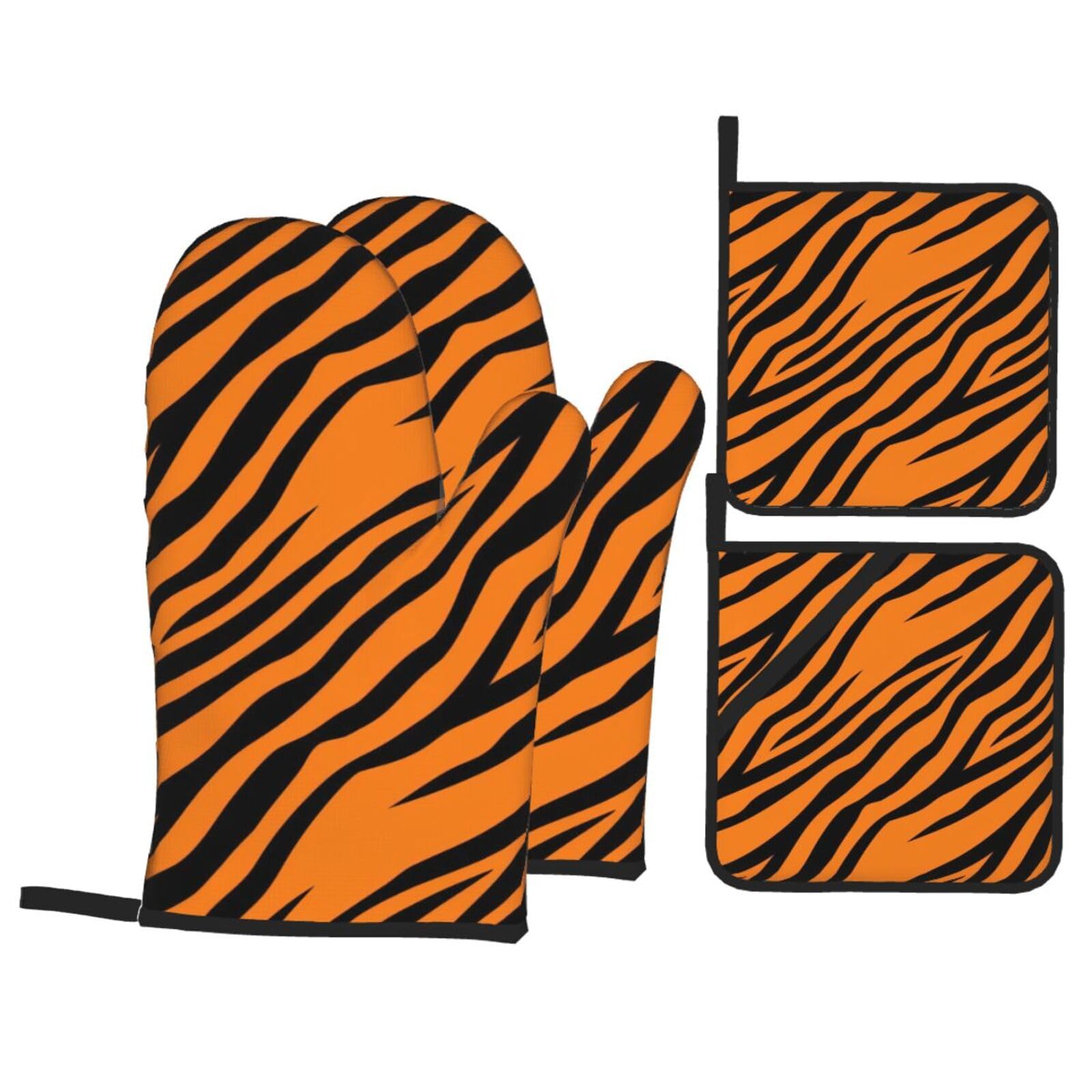 Orange tiger leopard Print 4-Piece Heat-Resistant Oven Waterproof Kitchen Gloves Cooking Roasting Essential