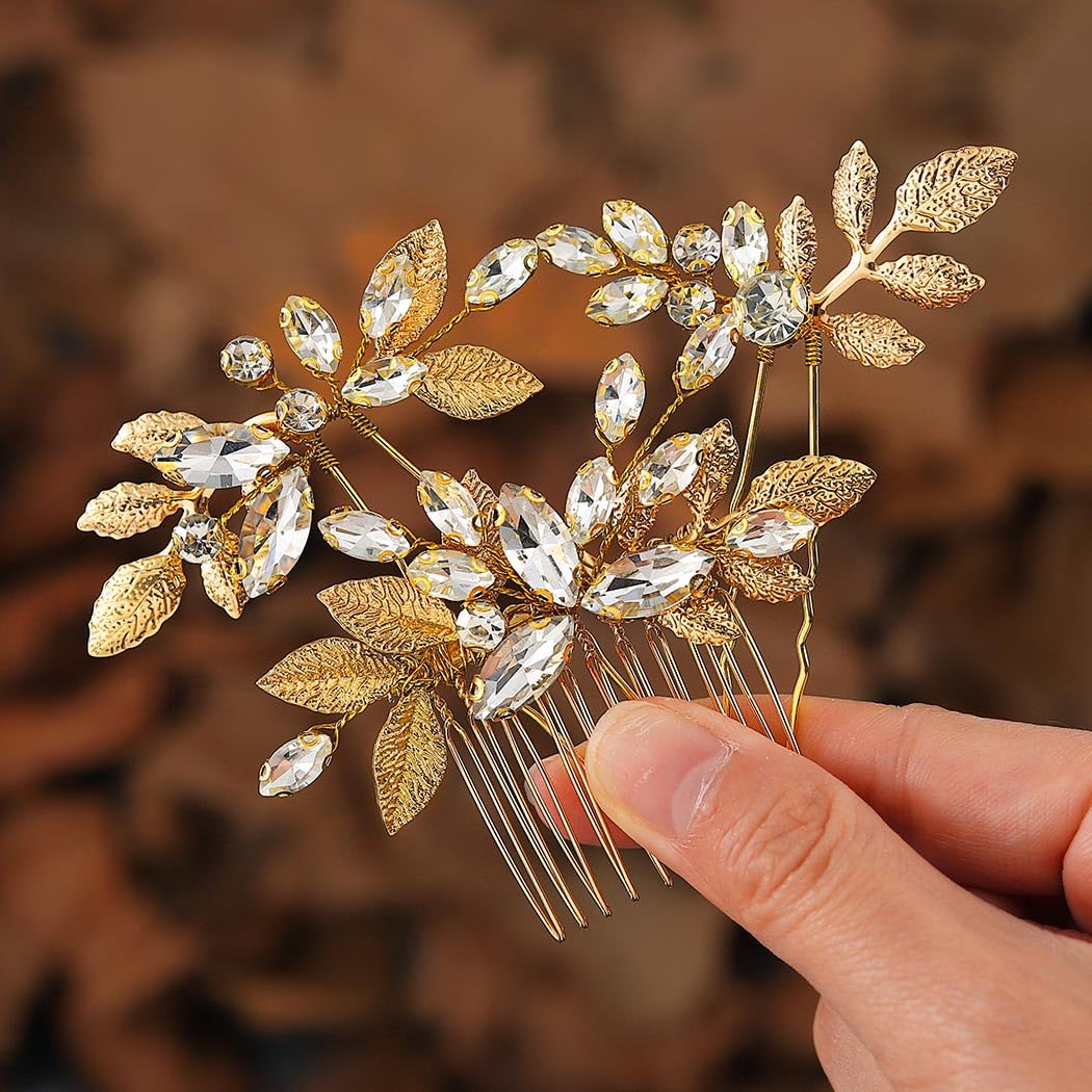 Handcess Horquillas para el pelo de novia con diamantes de imitación dorados con cristales para novia, peinetas para el pelo de boda, accesorios para el cabello para mujeres y niñas (3 unidades)