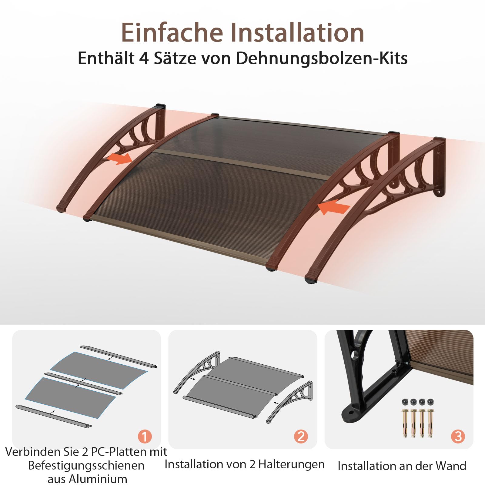 RELAX4LIFE Vordach für Haustür, 122 x 99 cm, Überdachung aus Polycarbonat & Aluminium, Türvordach für Sonnenschutz Regenschutz Windschutz, Pultvordach für Tür Eingang Hauseingang, Kaffee