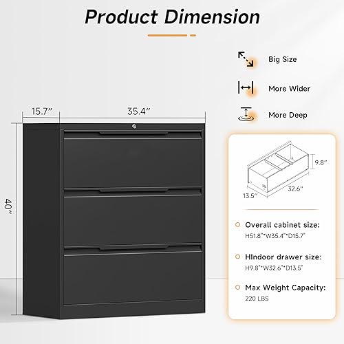 Miniatura 3 de Archivador lateral con cerradura, archivador lateral de 3 cajones para oficina y hogar, archivador ancho de acero metálico para colgar archivos,