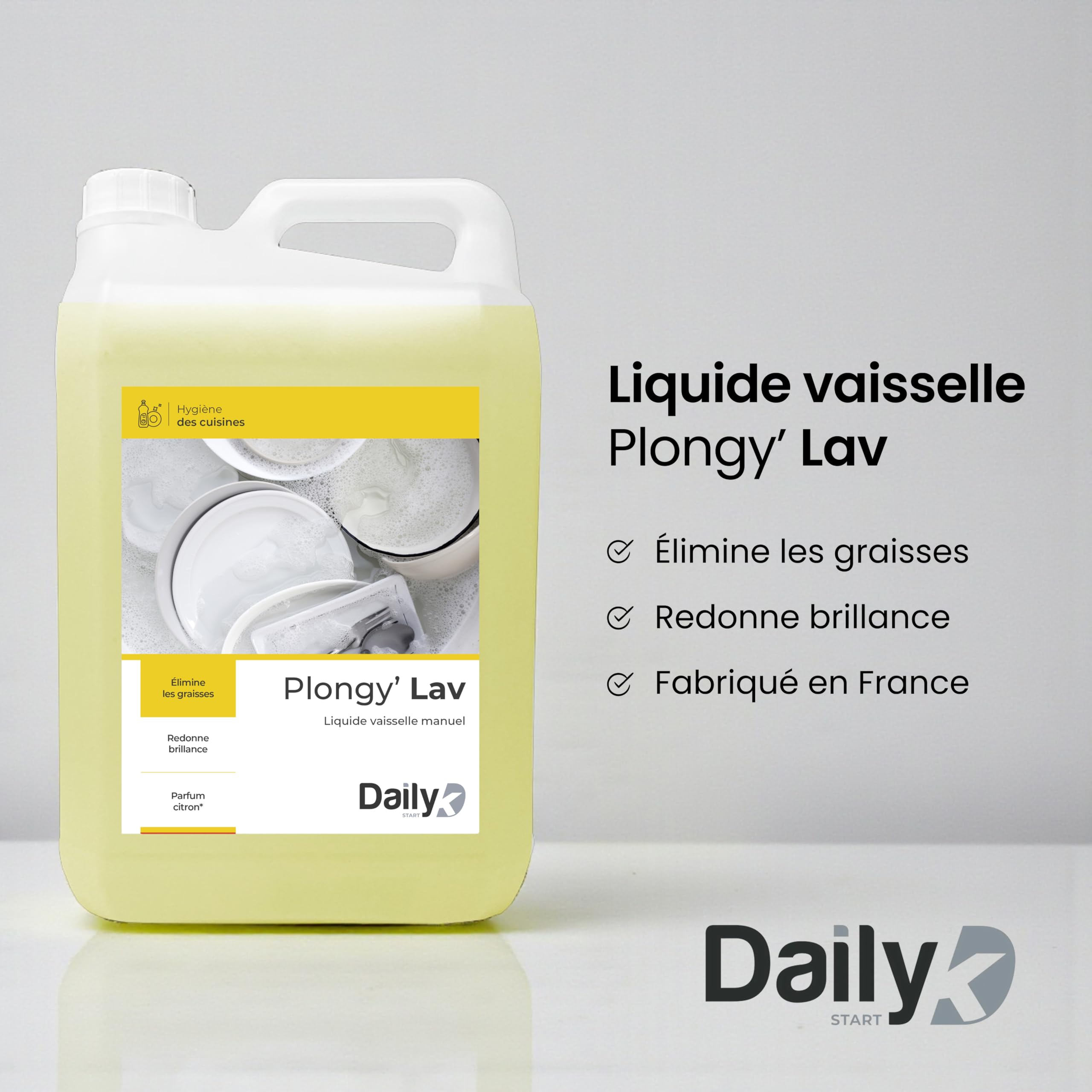 Liquide Vaisselle Manuel 5L - Produit Vaisselle Liquide PLONGY’LAV en Bidon - Produit Dégraissant Parfum Citron - Grand Format Économique pour Usage Intensif - Made in France