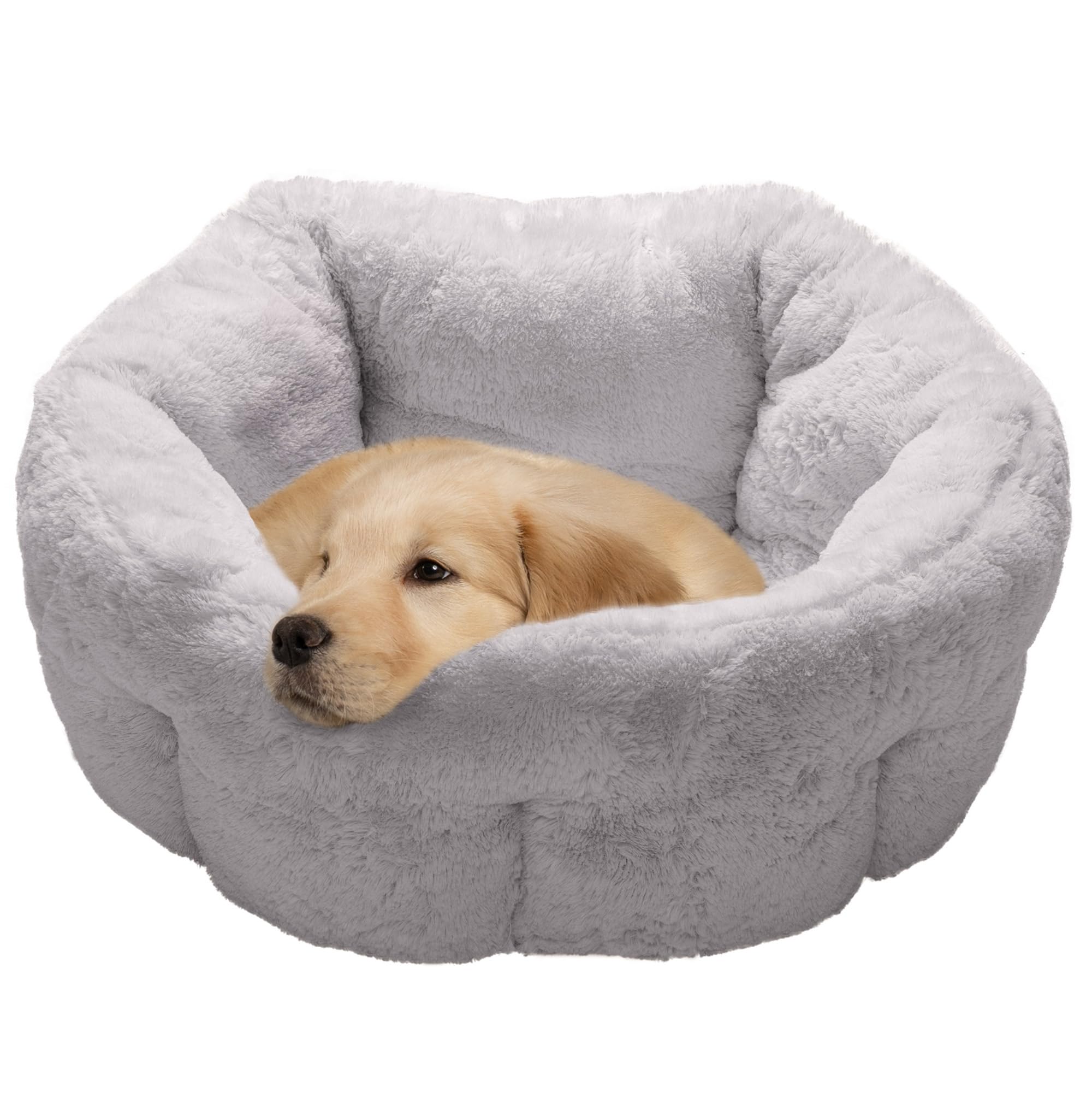 Furhaven 23" Round Self-Warming Pet Bed for Indoor Cats & Medium/Small Dogs, 100% Washable, For Pets Up to 45 lbs - Hi Lo Plush Luxe Faux Fur Cuddler - Gray, Medium