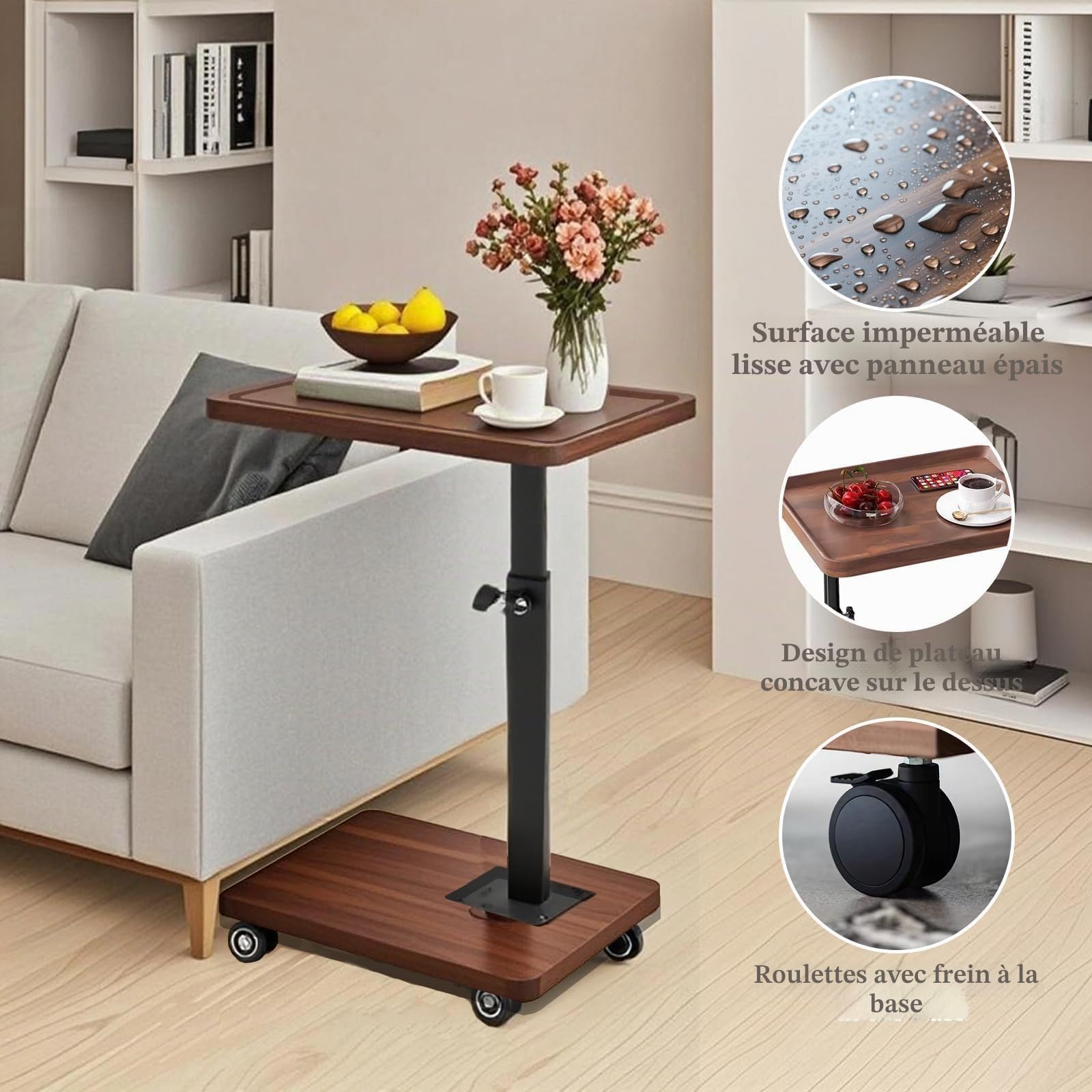 Table D'appoint À Roulettes Réglable En Hauteur (45-80 Cm),en Forme De C ,360 ° Pivotante Canapé Table D'appoint Pour Canapé ,Petite Café Moderne C Tables, Aux 4 Roulettes,pour Salon/Chambre/Balcon