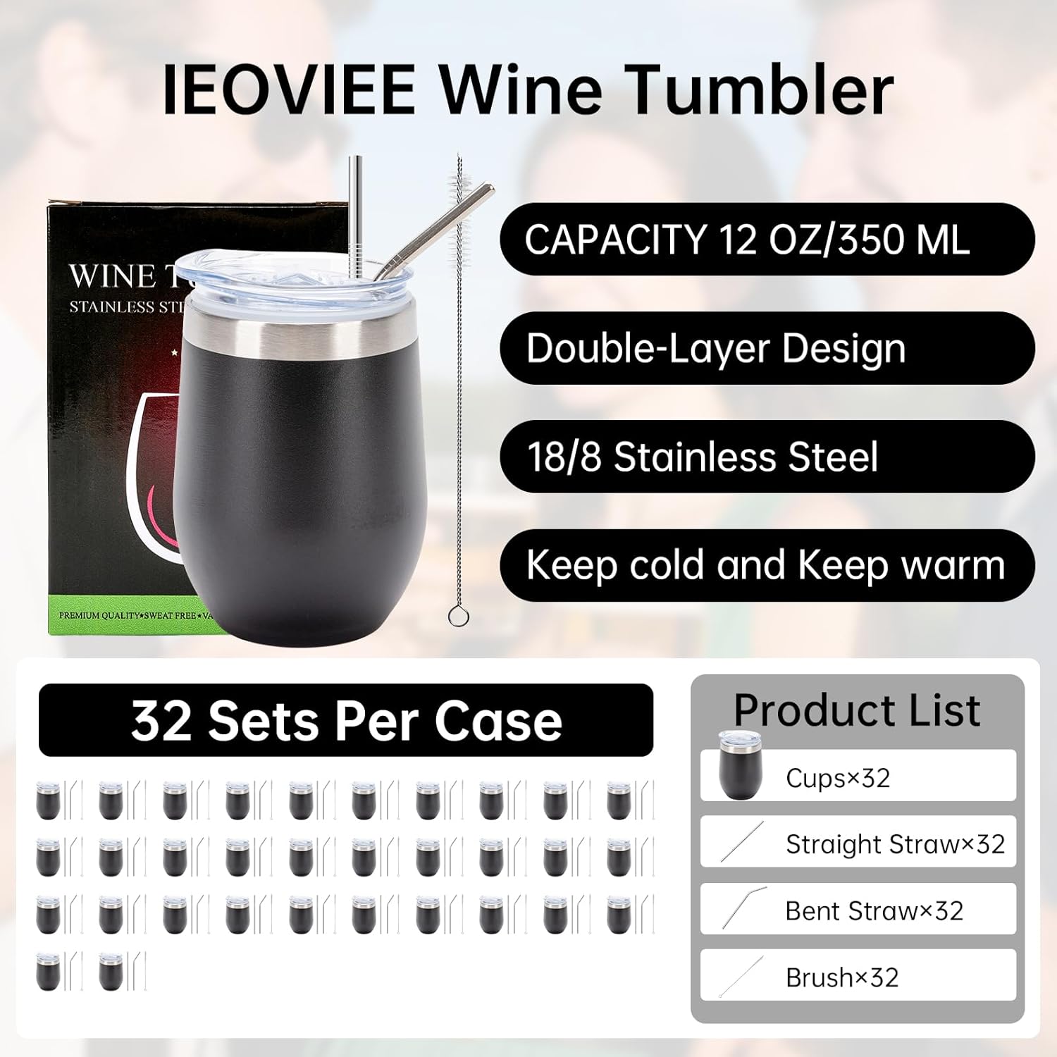 IEOVIEE 32 Pack 12oz Stainless Steel Bulk Wine Tumblers with Lids and Straws, Vacuum Insulated Double Wall Travel Coffee&Beer Mugs, Powder Coated Tumbler Bulk Cup for Cold and Hot Drinks(Black) - Image 2