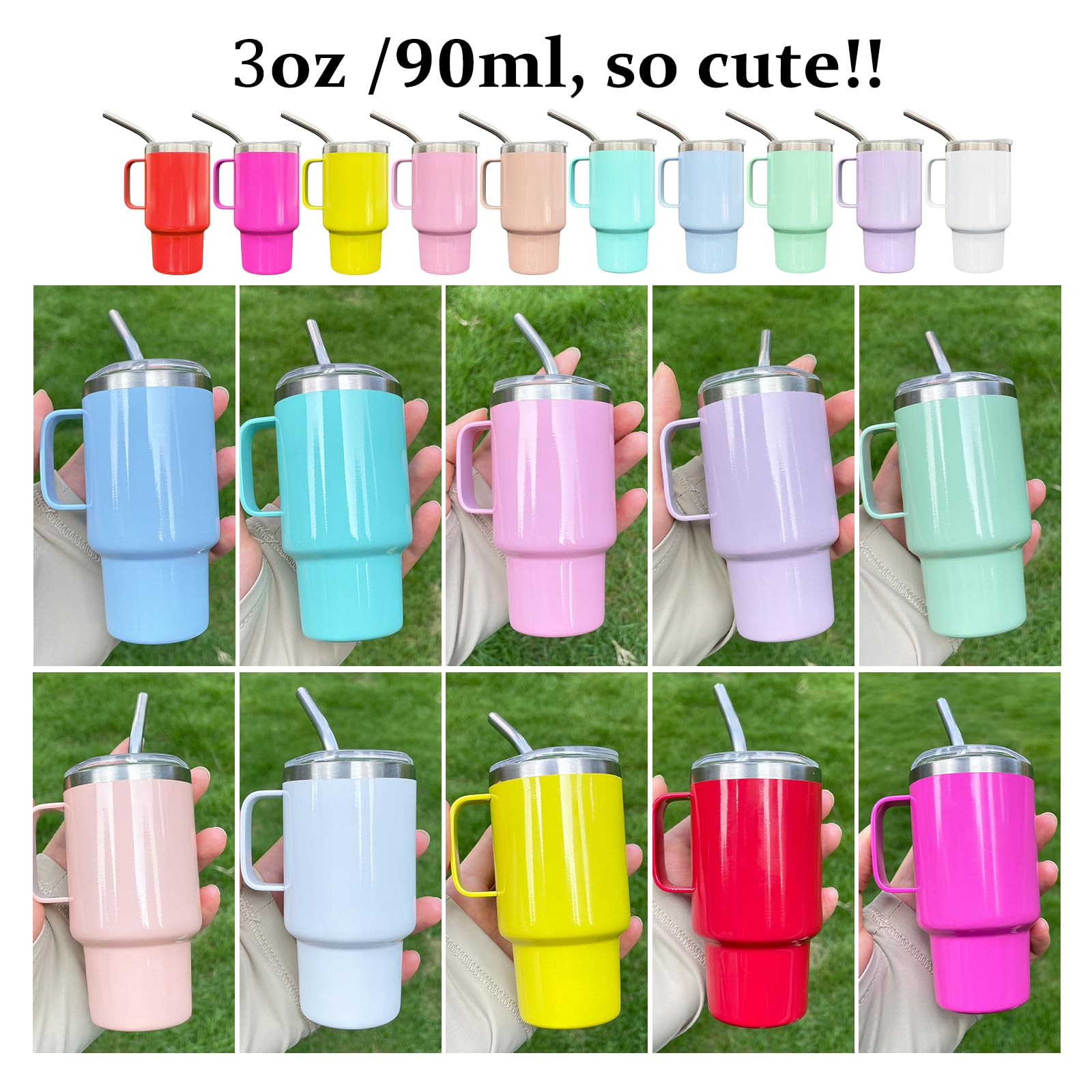 Confezione da 10 mini bicchierini da shot con cannuccia e coperchio, in acciaio inox, con manico, per feste di nozze, whisky, cocktail bar (colori misti)
