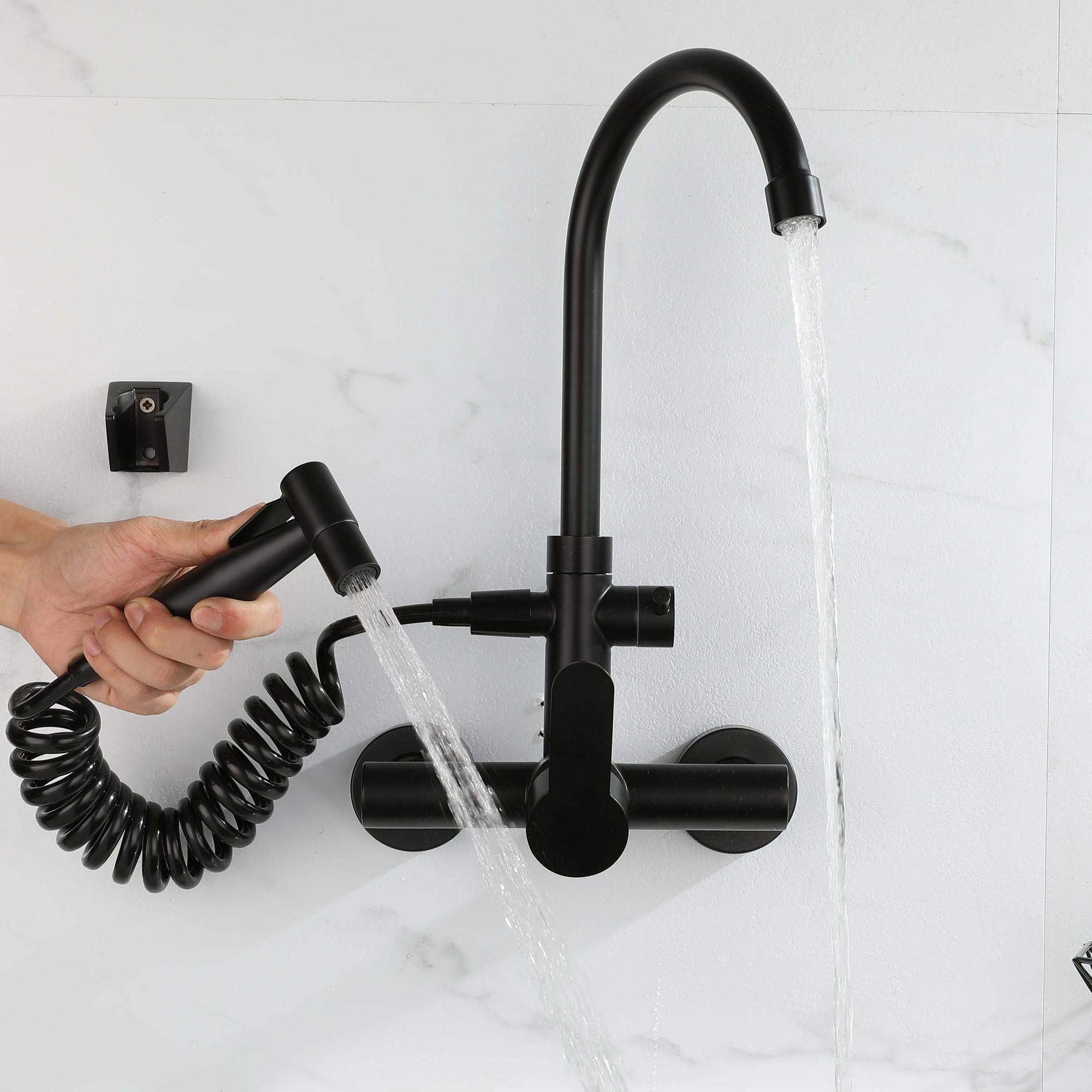 HomeLava Grifo Cocina Pared con Pistola, Grifo de Cocina Negro, Mezclador Cocina de Acero Inoxidable 304 con Caño Alto Giratorio de 360°, Grifo de Agua Fría y Caliente