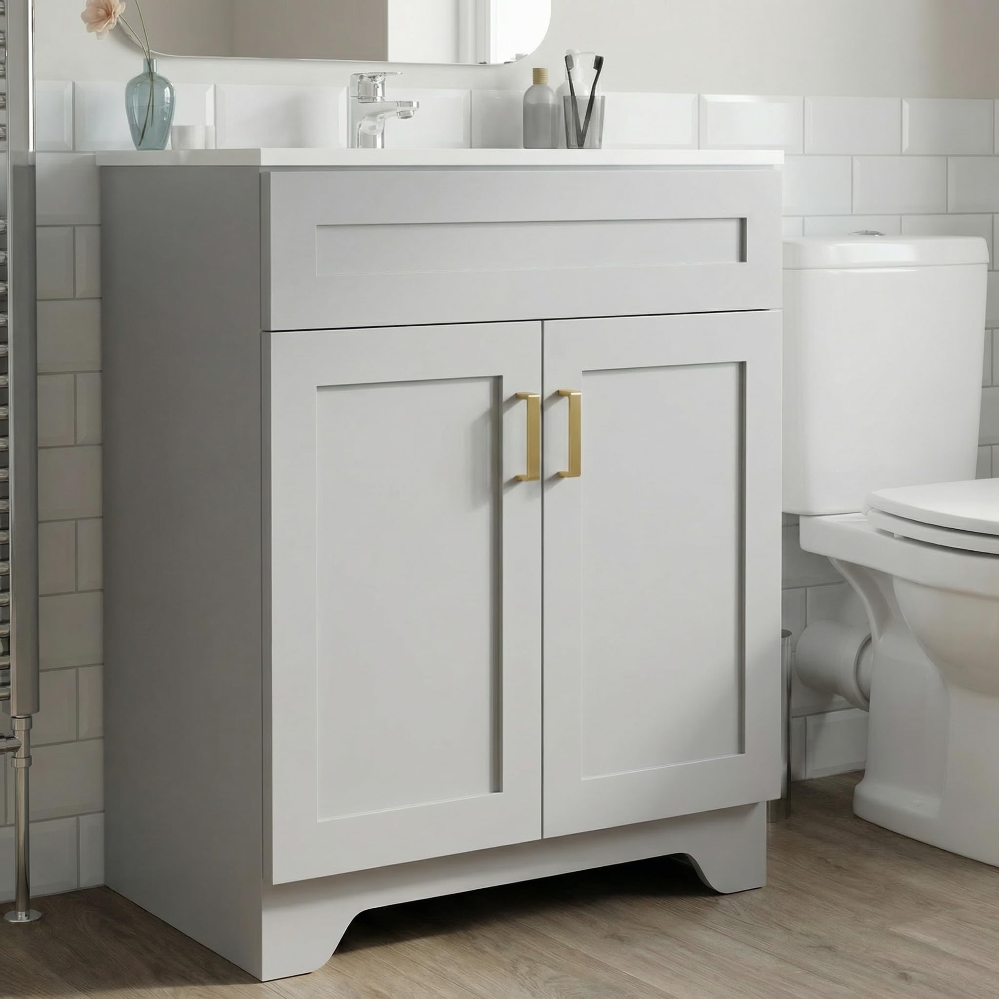 LDarqeer 600mm Bathroom Vanity Unit with Basin, Ceramic Basin, Freestanding Bathroom Sink Cabinet, Modern Shaker Design, Soft-Close Door, Single Tap Hole, Grey with Gold Metal Handles