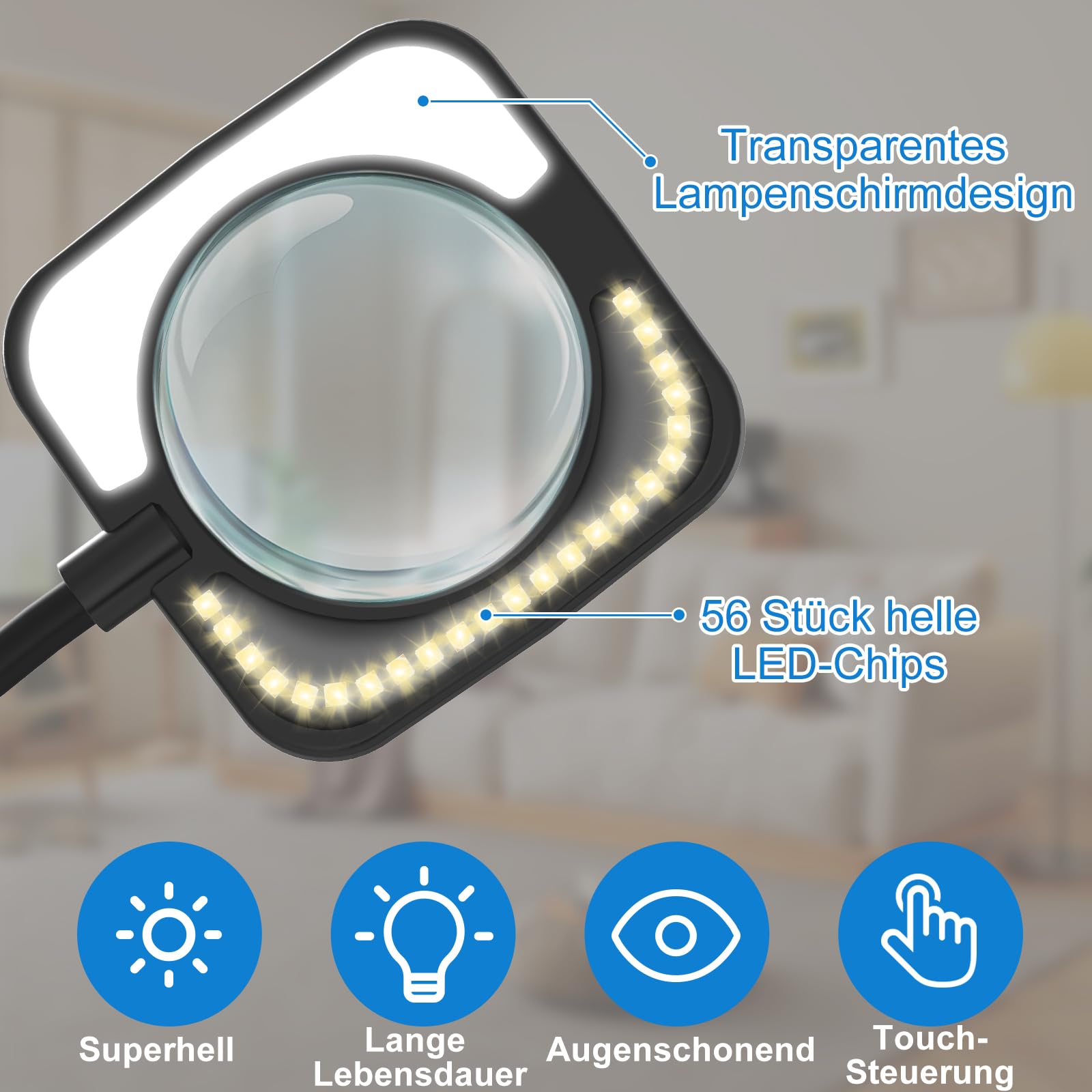 Lupa con luz y soporte – Lámpara de pie LED de 8 niveles con 3 ajustes de temperatura de color, lupa con 56 luces LED regulables para lectura, para personas mayores, pasatiempos y manualidades