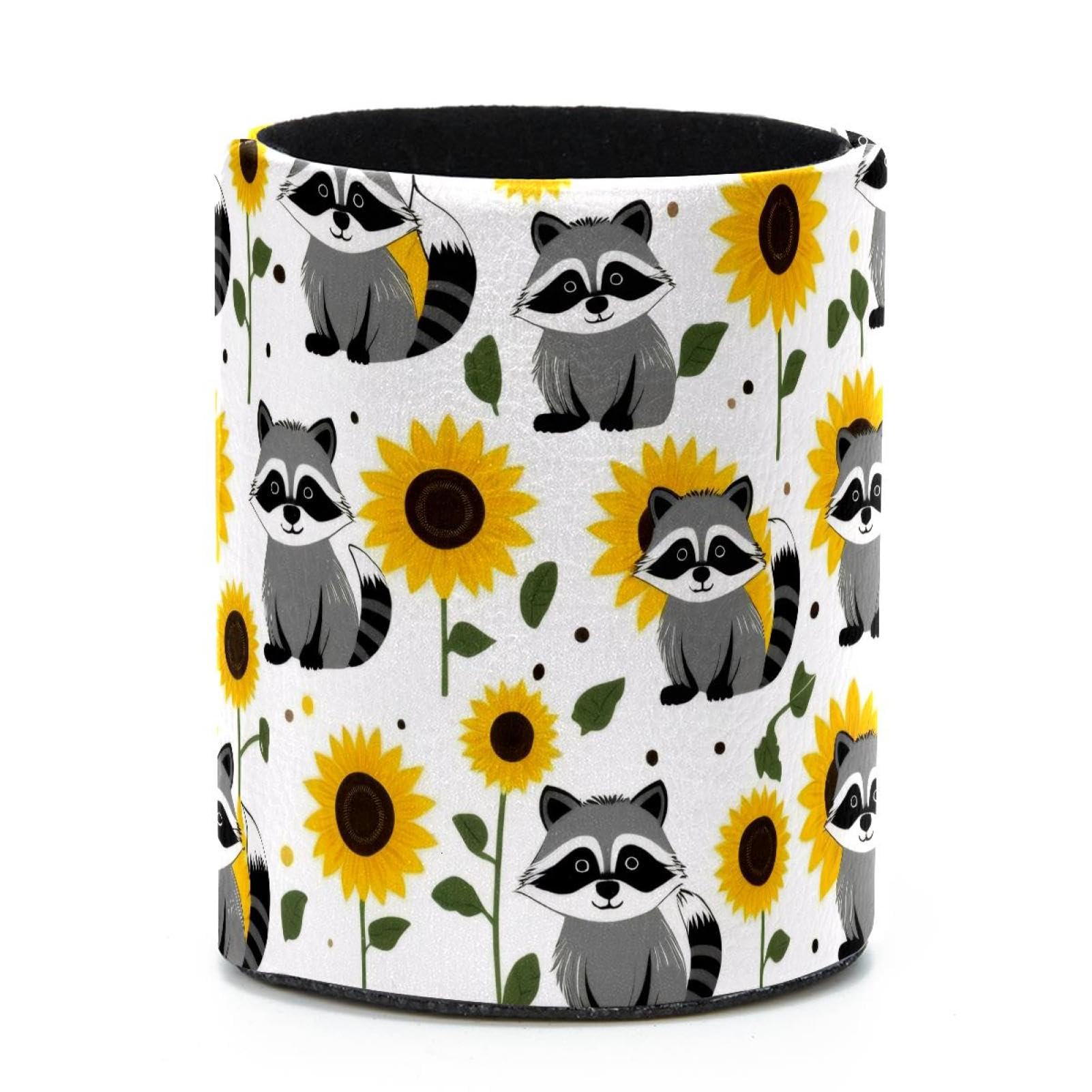VAPOKF Round Pencil Holders for Desk, Raccoon Sunflower Pen Holders Pen Pot Makeup Brushes Storage Desktop Stationery Supplies Organiser for Home Office