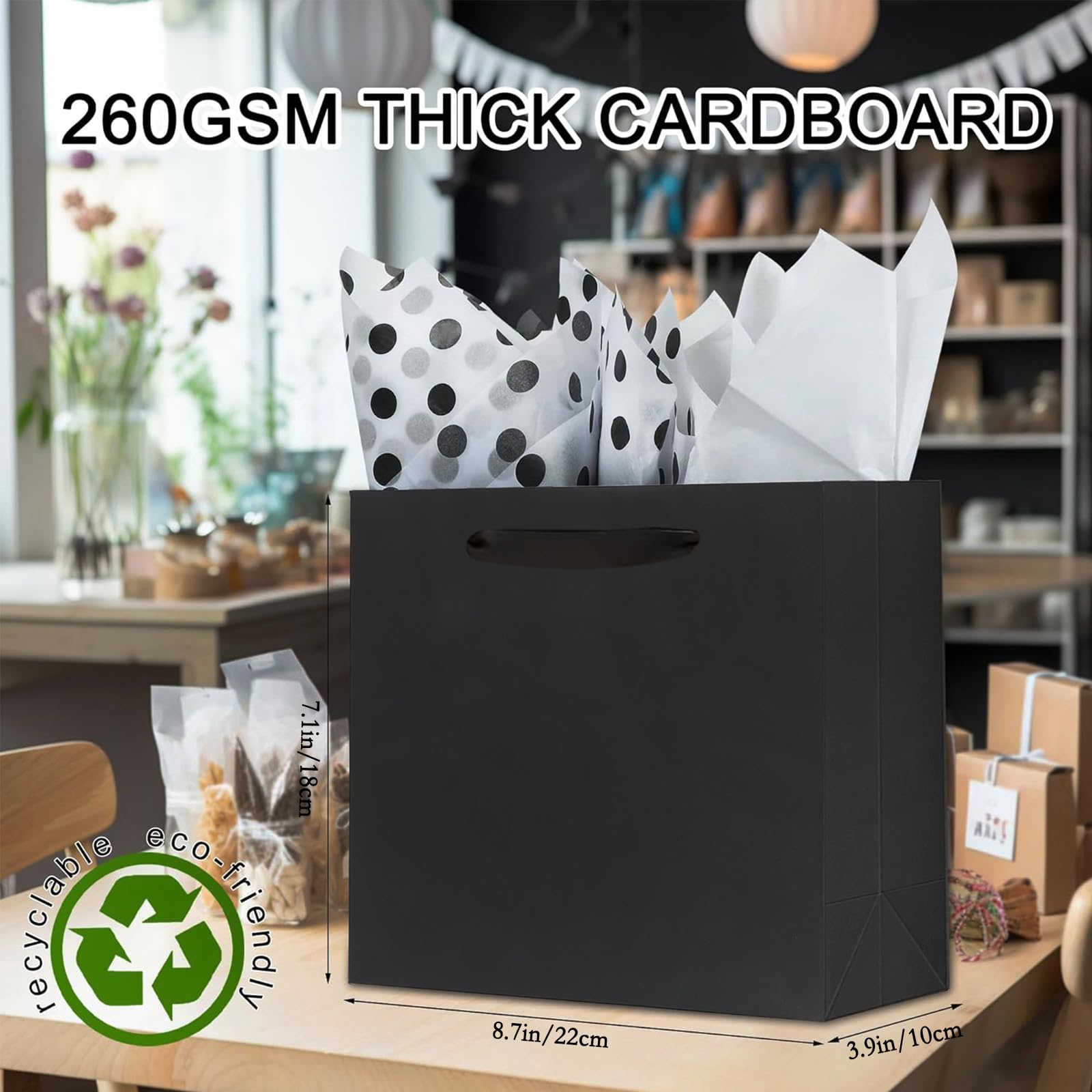 Offizon 12 schwarze Geschenktüten, 21,6 x 19,9 x 18,9 cm, mittlere Größe mit Seidenpapier