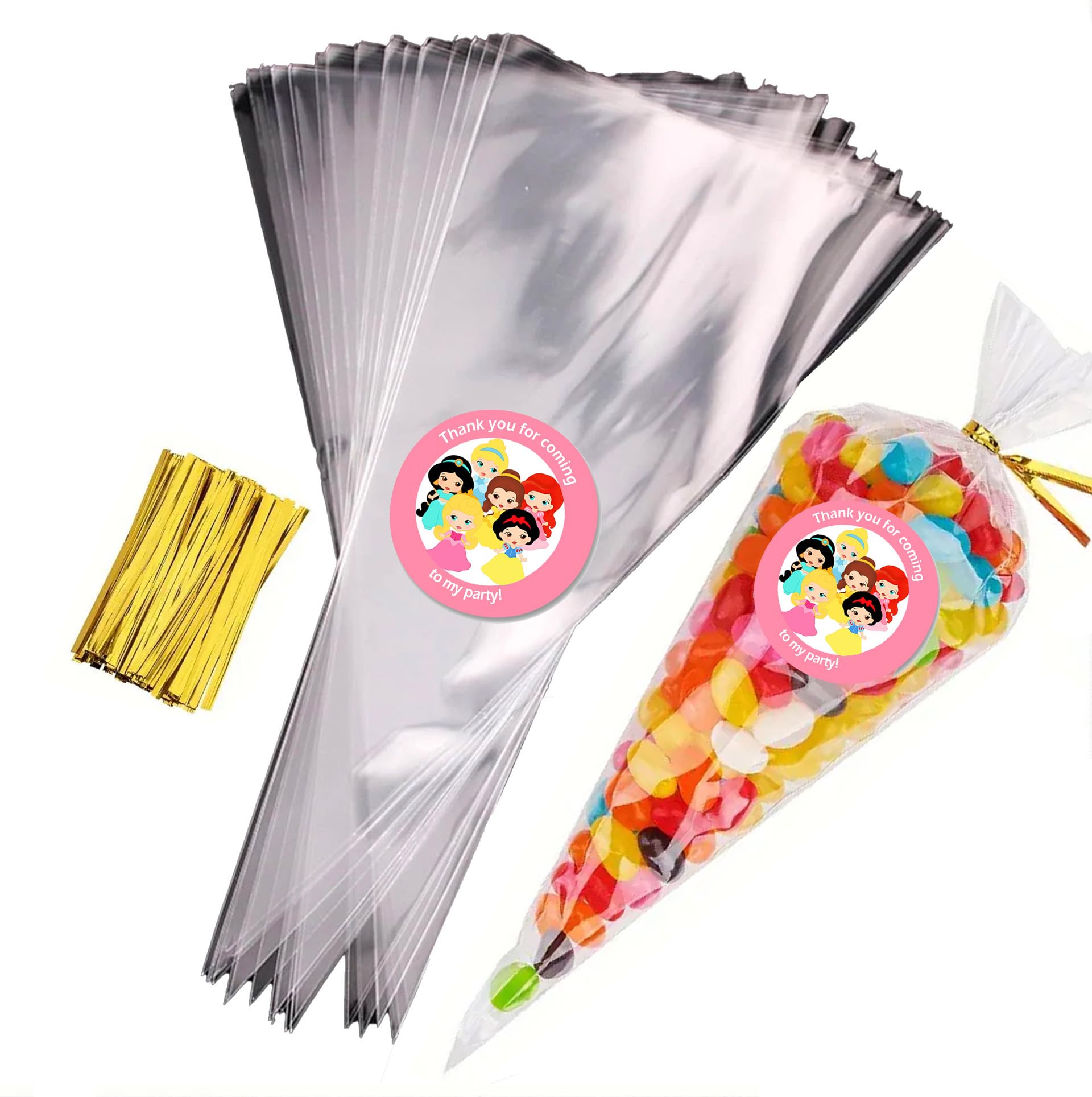 Sweet Cone Bags with Coloured Ties | Triangle Clear Cellophane Bags | Food Sweet Candy Popcorn Snacks | Brithday Baby Shower Fayres Events Festivals