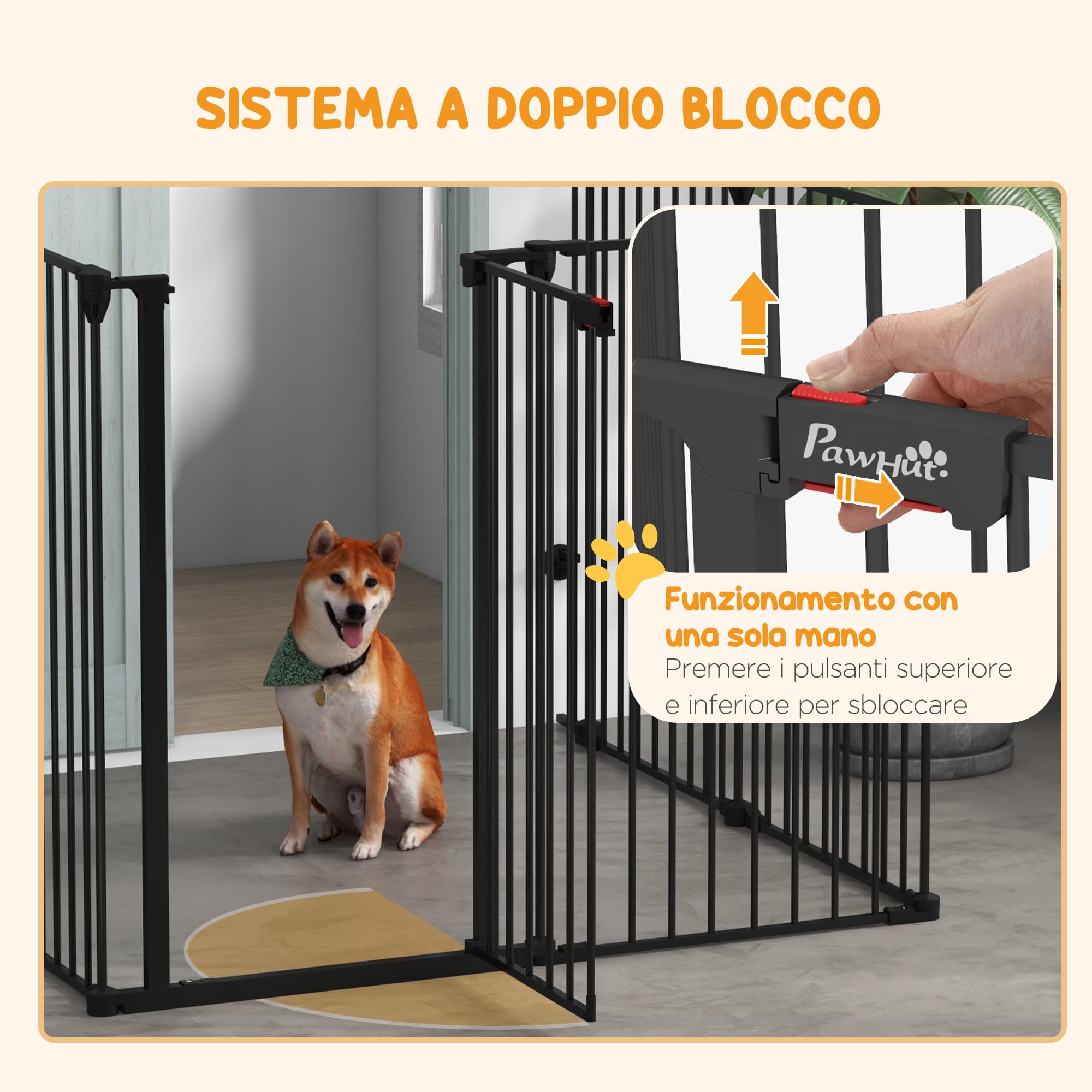 PawHut Cancellino per Cani Taglia Media Pieghevole con Doppia Chiusura di Sicurezza, Cancelletto di Sicurezza Modulabile in Metallo e Plastica, 123x102x100 cm, Nero
