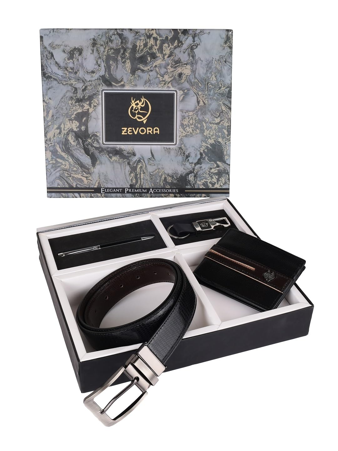 ZEVORA Leather Belt Gift Hamper for Men I Wallet, Keychain & Pen Combo Gift Set (BLK, Pack of 4) AUT1232W