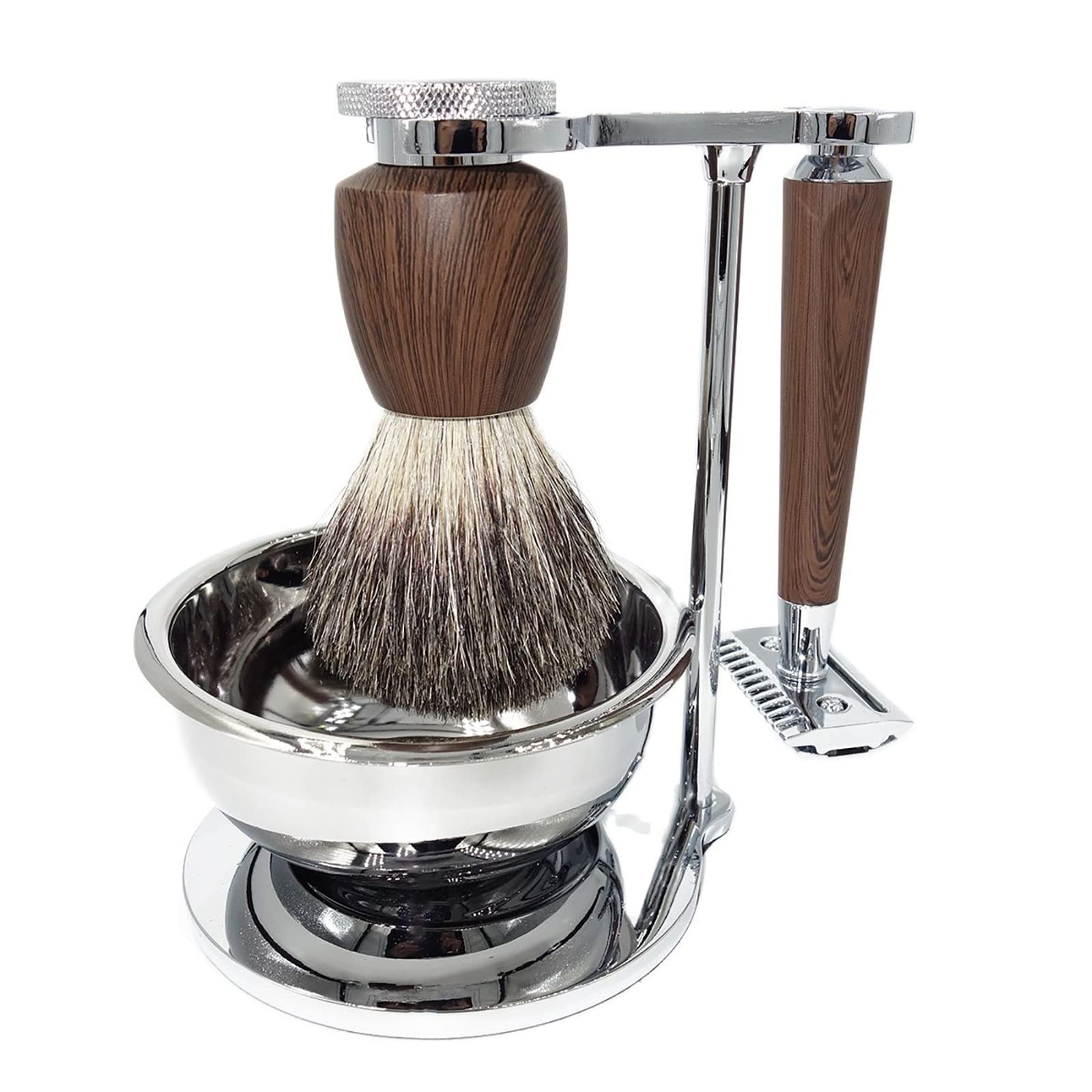 Set da barba professionale per uomo, include rasoio di sicurezza per barba bagnata, 10 lame, manico in palissandro con setole di tasso, spazzola da barba e supporto per ciotola, regalo unico