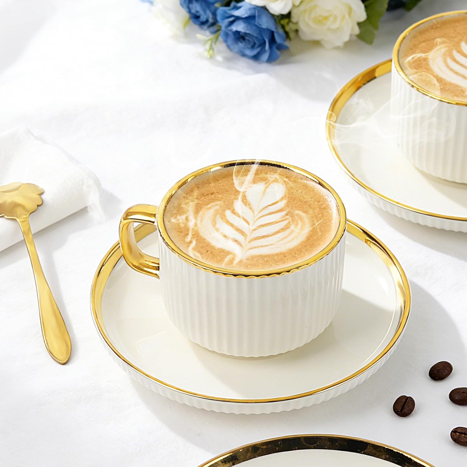 Cappuccino Cups Set of 4, 7oz Espresso Cups Set with Saucers and Spoons, Gold Trim Ceramic Coffee Tea Cups for Latte, Mocha, Au Lait, Dishwasher & Microwave Safe, Art Deco (Gold Striped/200ml)