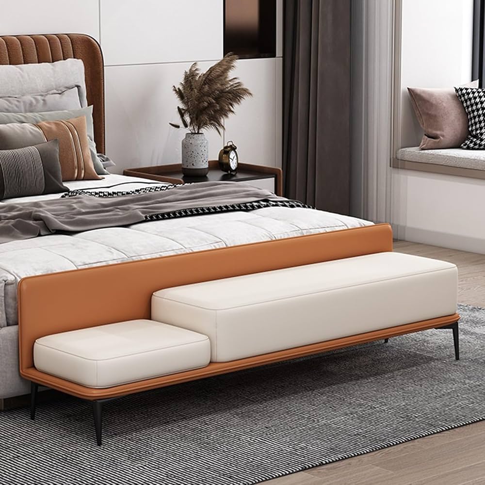 ラウンドオットマンベンチ PUレザー張り フットレスト メタルベース パッド入りシート付き 寝室、玄関、泥よけ室、廊下用フットスツー Amazon.co.jp: ベッドエンド用の寝室用ベンチ ベッドエンドベンチ ベッド足元ベンチ 玄関ベンチ 収納オットマンベンチ レザーベンチ  布張りフットスツール (Color : Orange, Size : 120*40*52cm) : ホーム＆キッチン