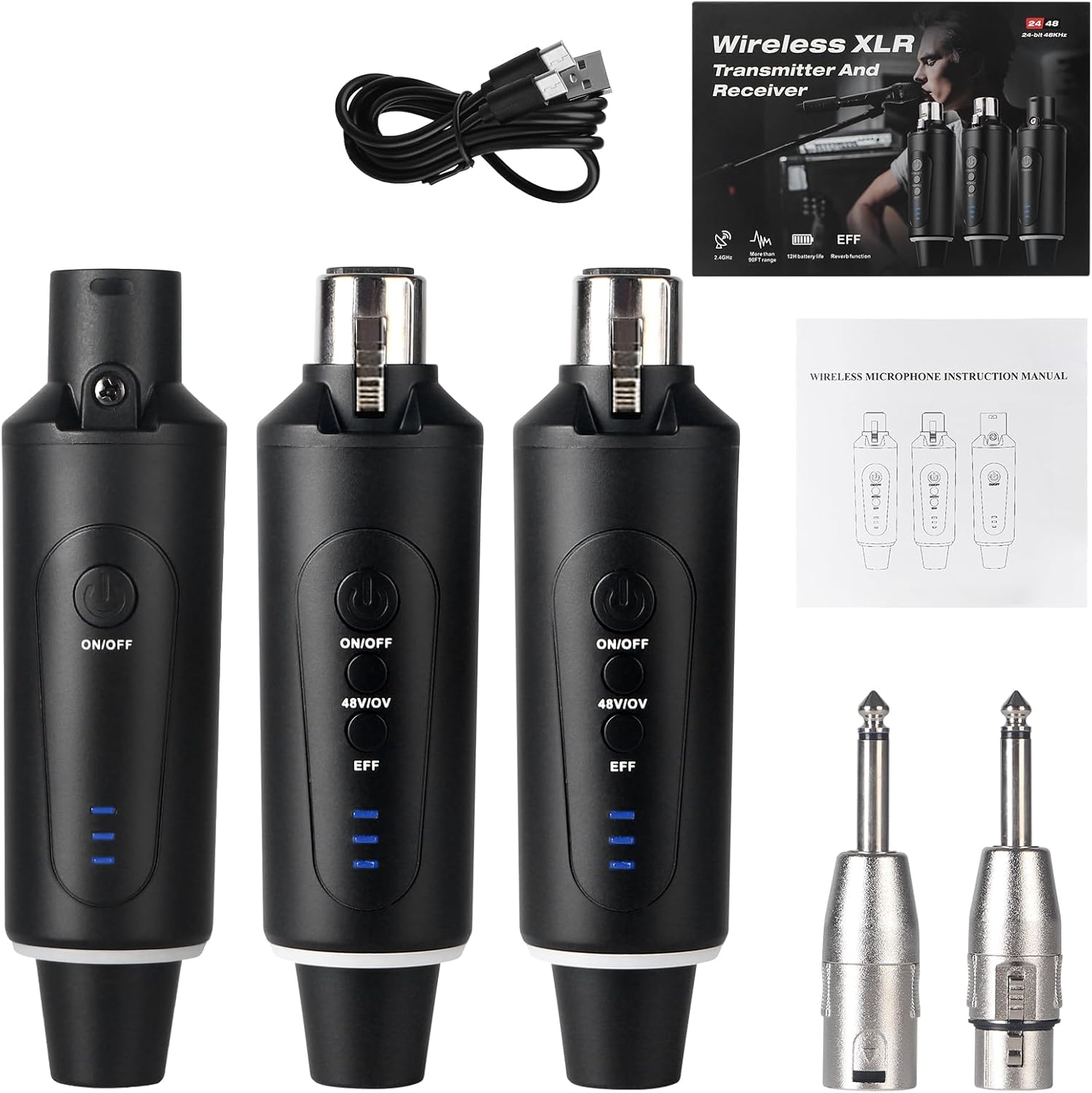 XLR Wireless Microphone System, Wireless Guitar Transmitter Receiver Plug-on for Dynamic and 48V Condenser Microphones, Audio Mixer, with 48V Phantom Power and Reverb Switch (2 transmitter,1 receiver)
