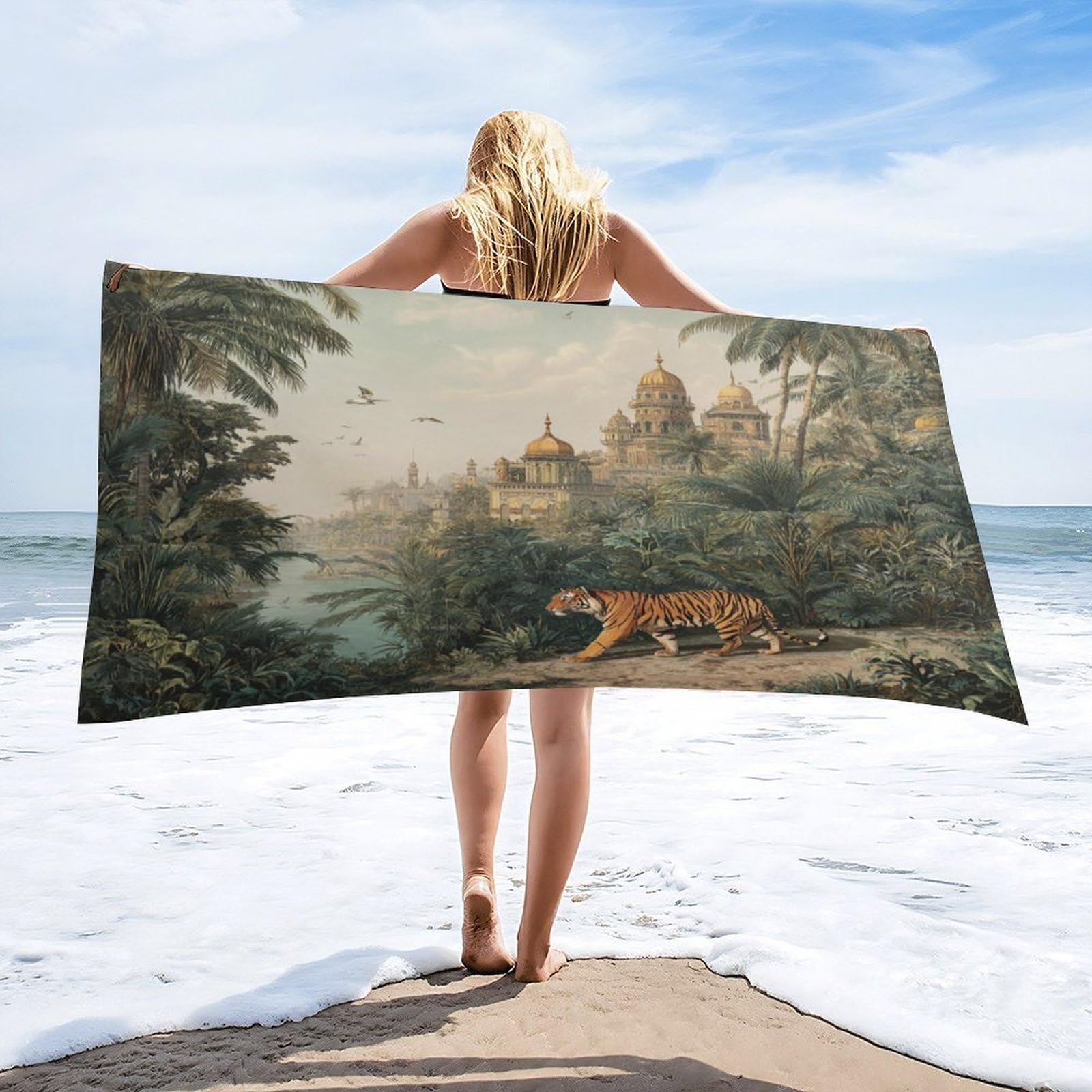 Luyysky Classic Realistic Elegant Tiger Quick-Drying Beach Towel, Retro Oil Painting Castle Tropical Plant Palm Tree Animal Birds Travel Vacation Single Sided Pile Bathroom Towels-80 W Cm X 160" L Cm