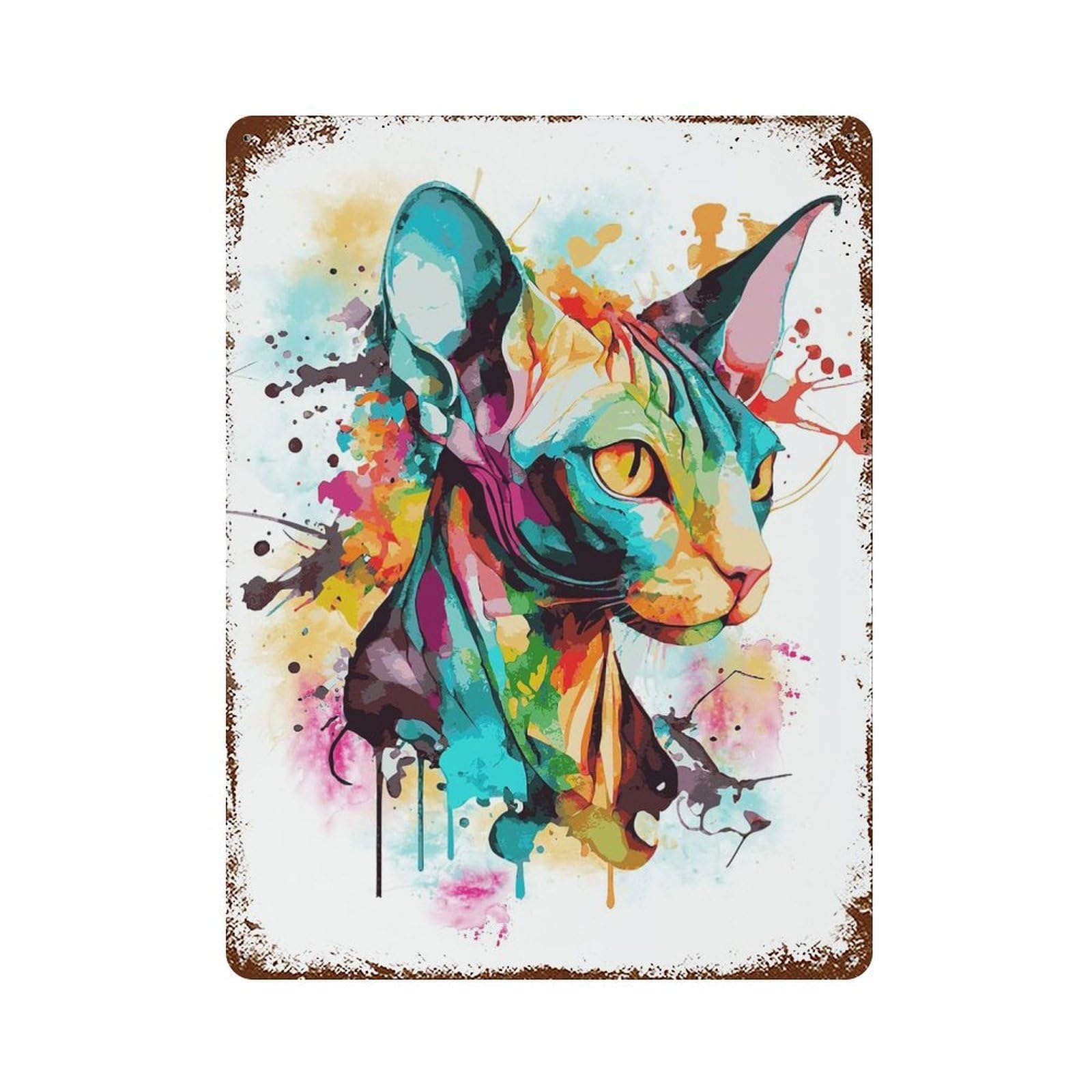Aged Metal Wall Plaque with Colorful Sphynx Cat Design 15.7"x11.8", for Basement, Hobby Room And Garage Decor, Classic Wall Plaque