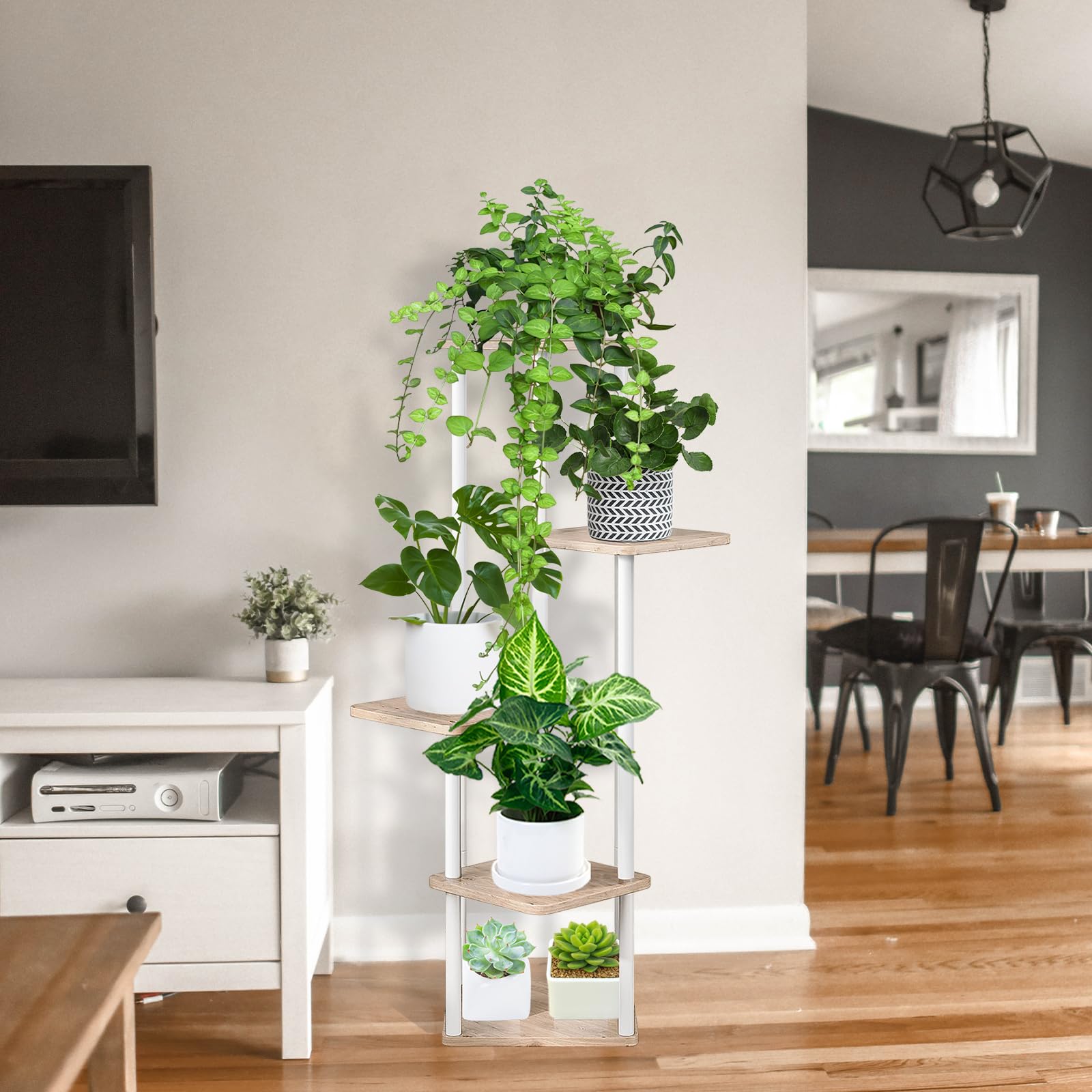 5-Tier Hölzern Blumenregal Pflanzenregal, Mehrstöckig Blumenständer Pflanzenständer Blumenbank Blumentreppe Pflanzentreppe Standregal für Innen Garten Balkon Deko (Weiß Eiche)