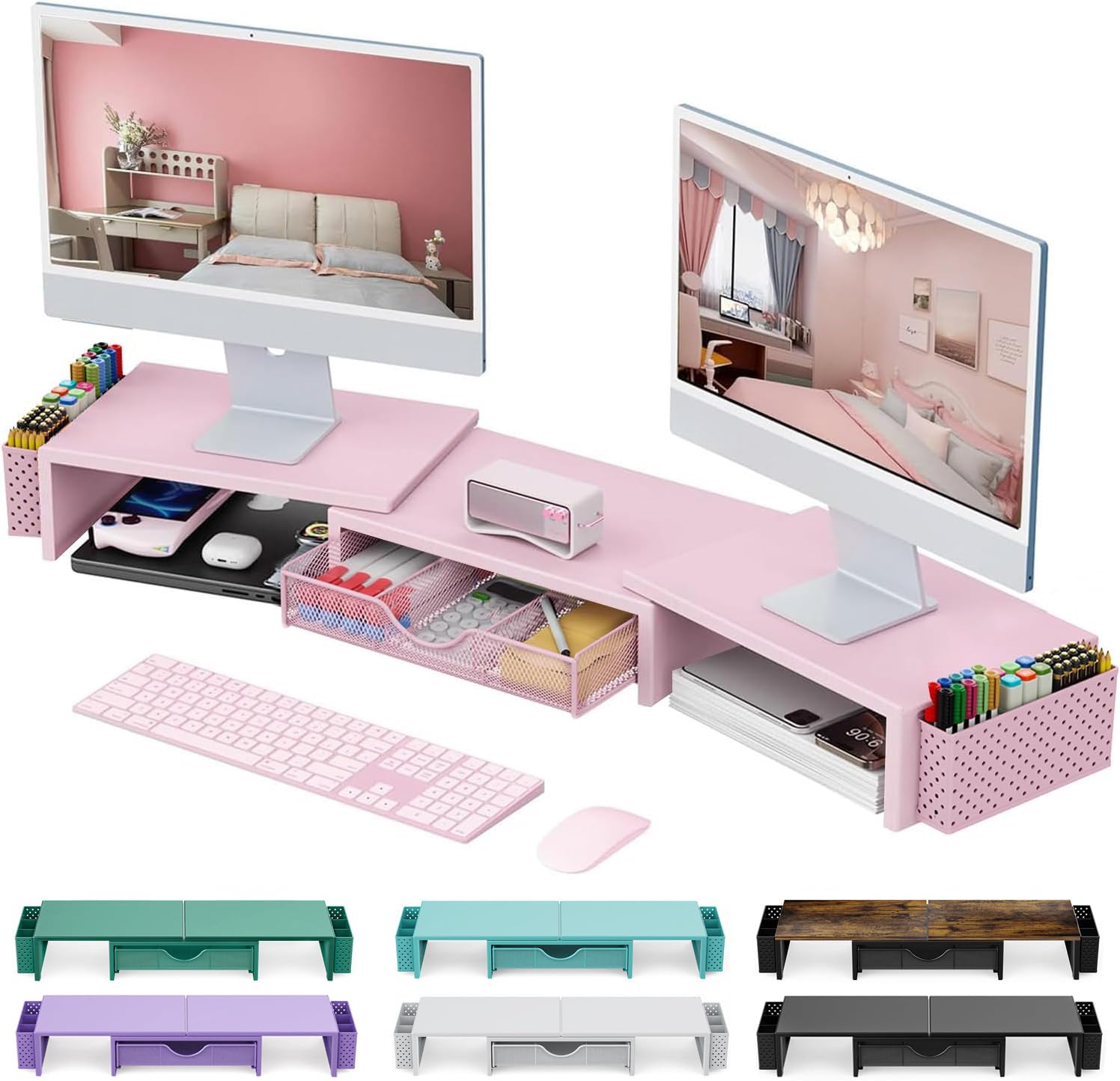 Gianotter Dual Monitor Stand Riser, Desk Organizer with Drawer and 2 Pen Holders, Modern Professional Style, Monitor Stand for Desk, Office Decor Essentials (Pink)