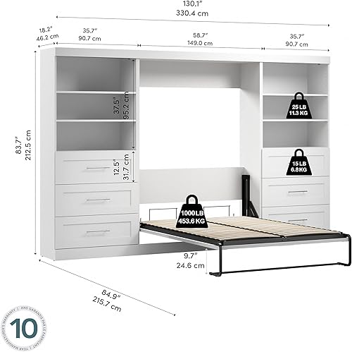 Miniatura 3 de Bestar Pur Full Murphy Bed and 2 Shelving Units with Drawers, 131-inch Space-Saving Wall Bed