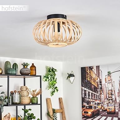 hofstein Oravi plafondlamp, metalen plafondlamp in zwart, met bamboe/houten kap, Ø 30 cm, 1-lamp, E27 fitting, Modern licht met lichtspel, zonder gloeilamp photo 3