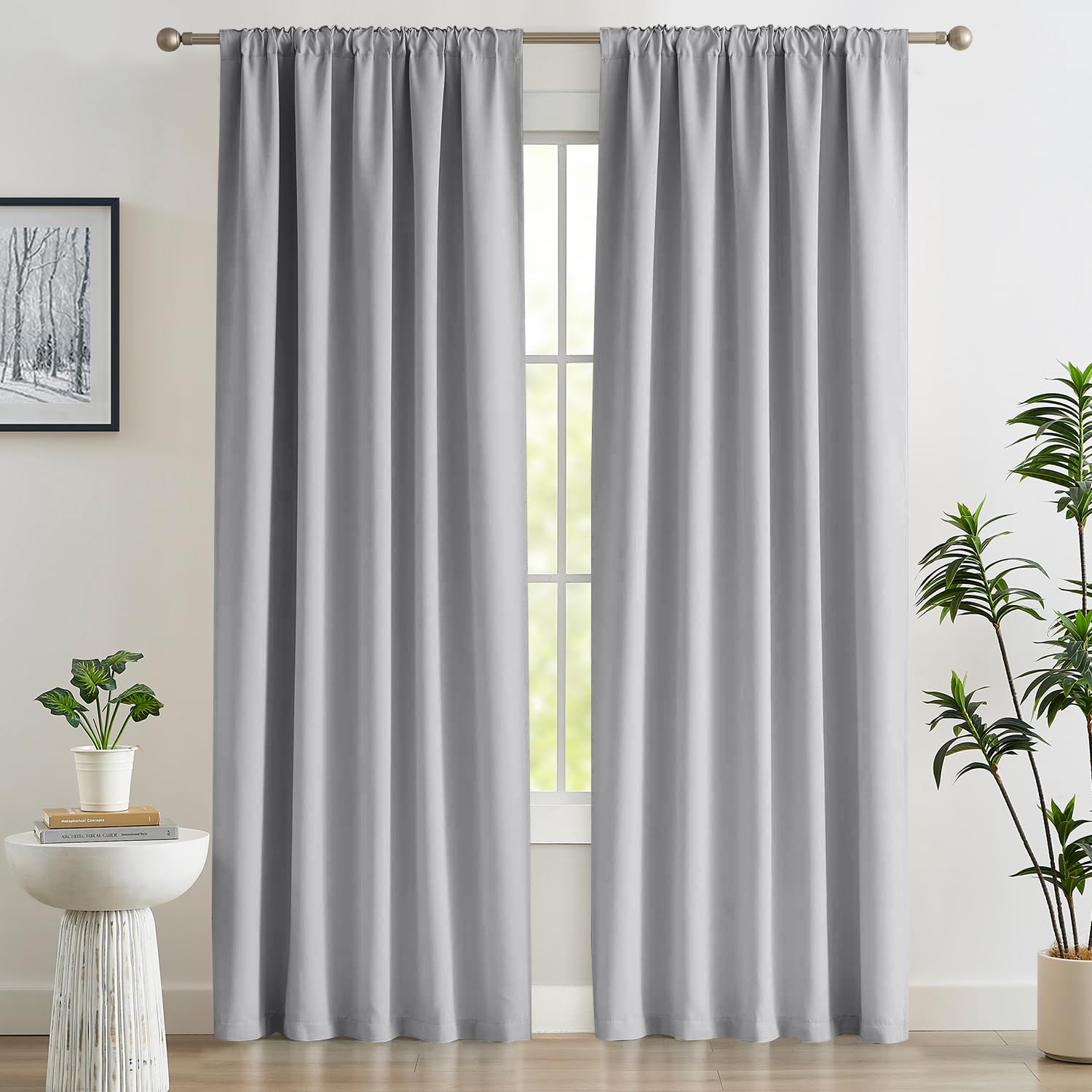 Abstractex Grey Full Blackout Curtains 90 Inch Drop for Bedroom, Back Tab Curtain for Living Room Light Blocking Thermal Insulated Drapes Window Treatment 2 Panels, W52 x L90