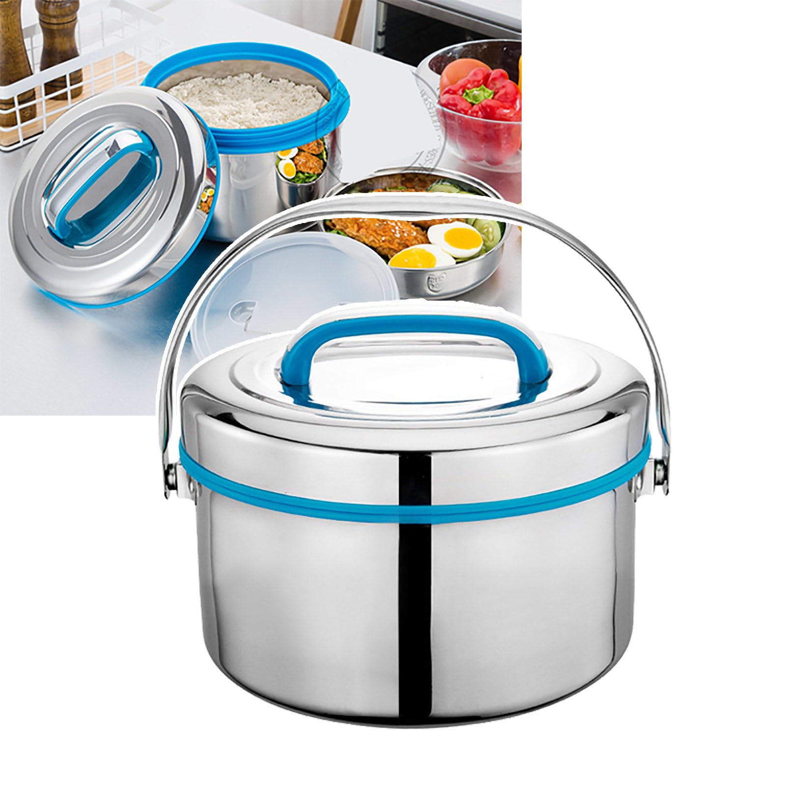 Fiambrera térmica de grado alimenticio (2,5 l/3 l/4 l), diámetro grande (21 cm), recipiente de acero para alimentos calientes, diseño de asa y diseño en capas, para la escuela, la oficina, los picni