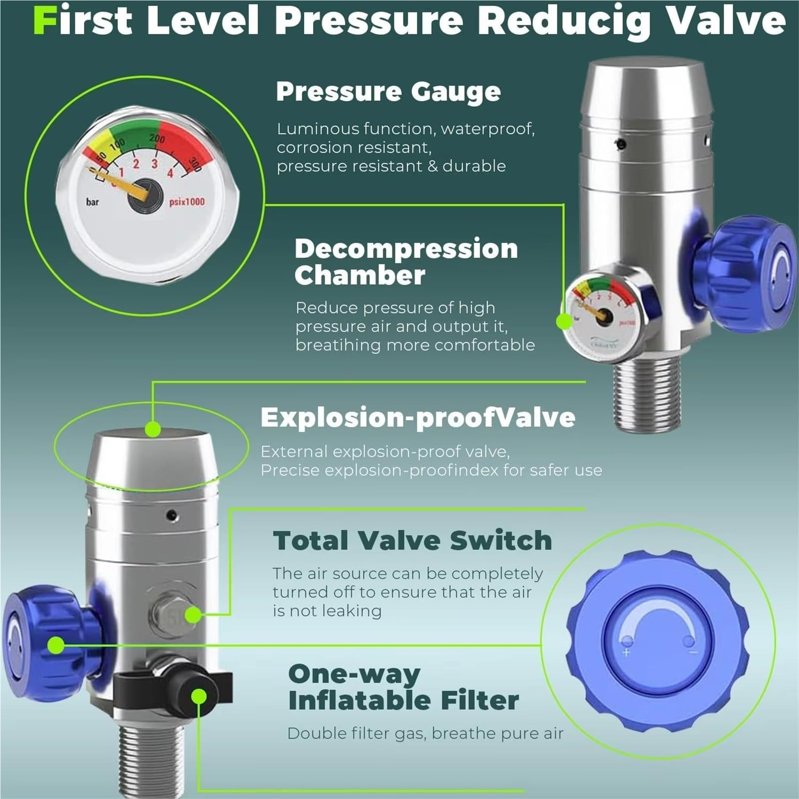 Sprzęt do nurkowania do nurkowania 1 l Cylinder tlenowy Regulator zaworu oddechowego z ustnikiem, wersja regularna (czarny-1)