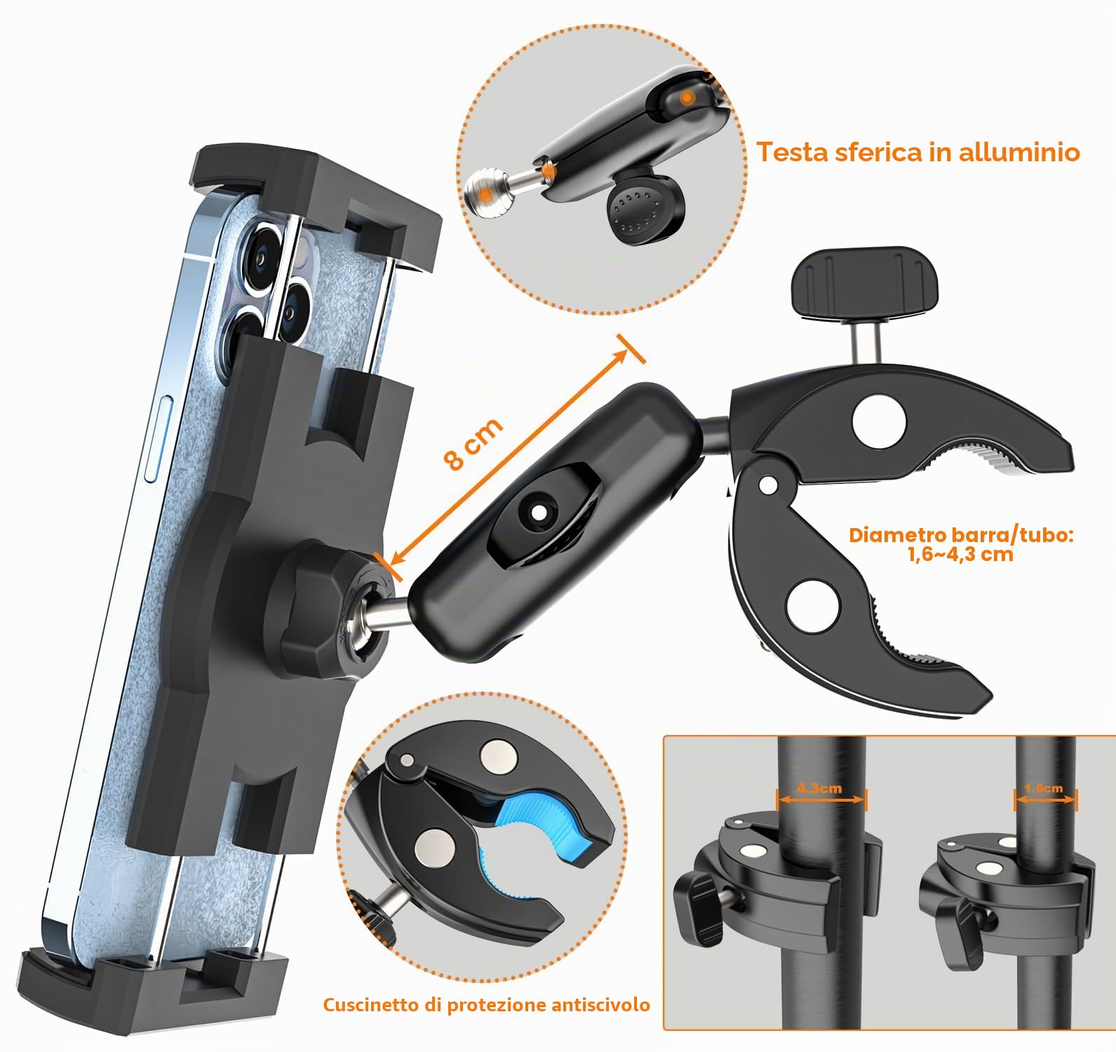 Porta Tablet Manubrio Regolabile [Forte Stabilità e Durata] Supporto Tablet per Passeggino Bicicletta Scooter Barca, Morsetto Tubo Palo Asta per iPad Mini Air Pro, Kindle, Galaxy, Cellulare, 4-13"