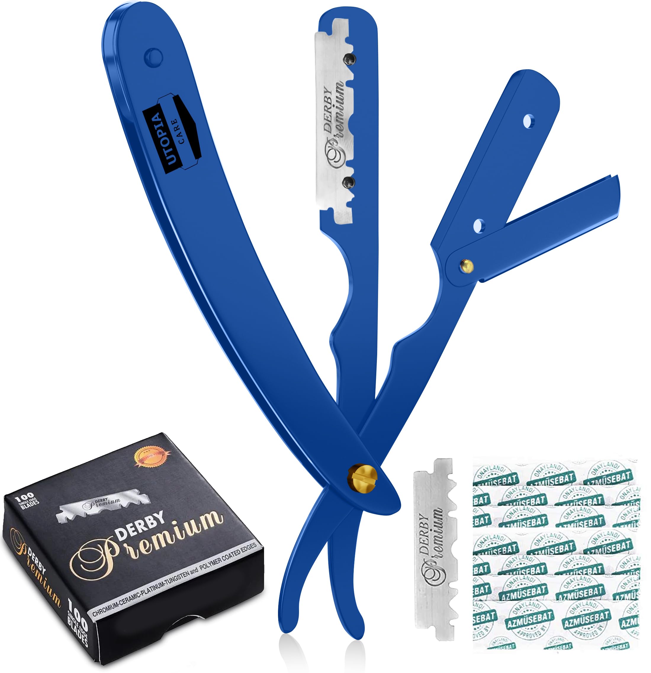 Utopia Care Professional Straight Razor for Men Barber Straight Edge Razor Safety with 100 Pack Blades Blue
