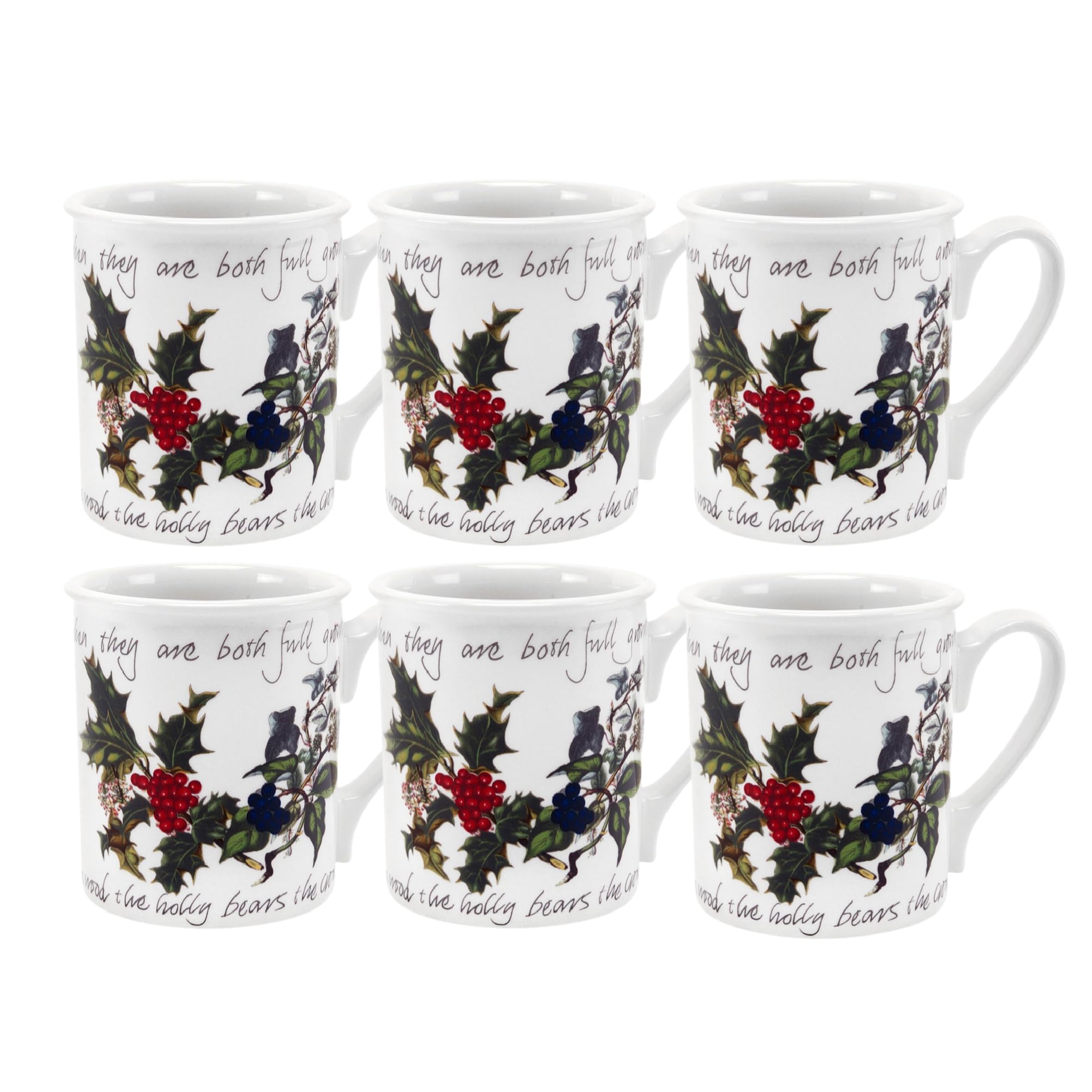 Portmeirion Holly & Ivy 9 Oz Breakfast Mugs (Set of 6) - Holiday Earthenware for Seasonal Tableware, Coffee & Tea Cup - Hand-Decorated, Oven, Microwave & Freezer Safe Mug Set for Entertaining