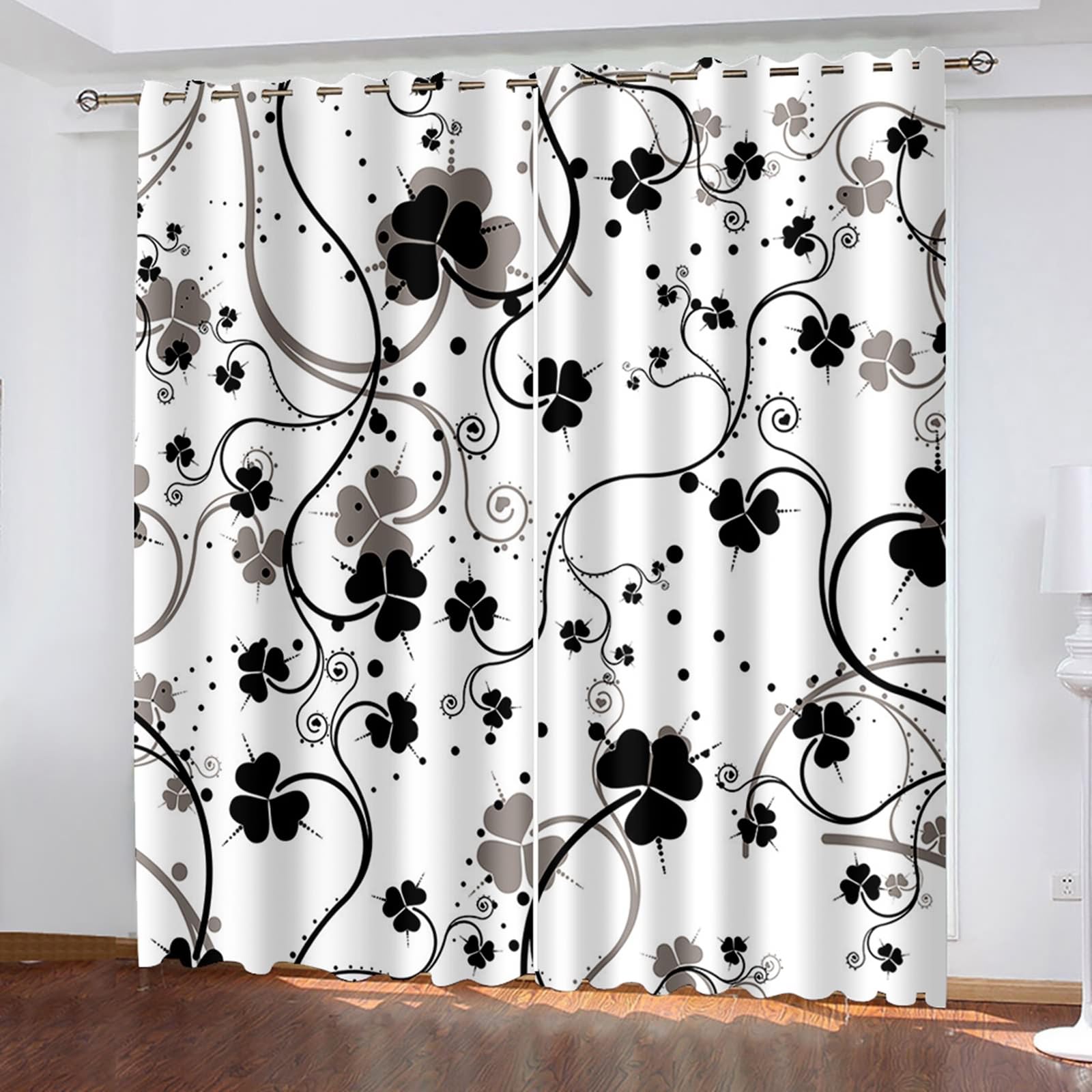 Rideau Occultant 2 Pièces, Rideaux Fenetre Occultant à Oeillets Motif de Feuilles Cœur Rideau Décor pour Chambre Salon Intérieurs, 214x183 CM(LxH), Noir Gris