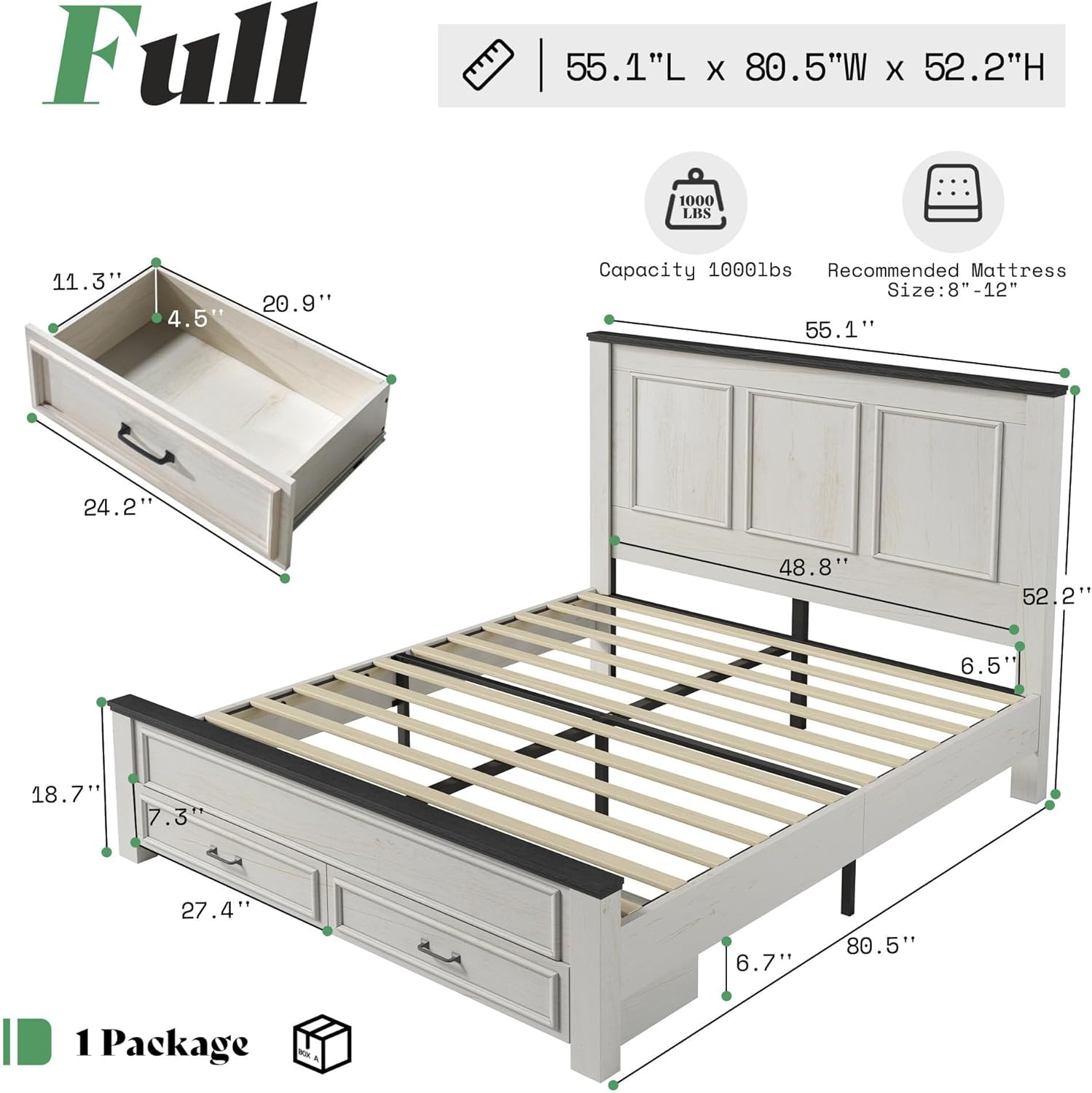 AMERLIFE 5 Pieces Farmhouse Bedroom Sets Includes Farmhouse Full Size Bed Frame with 52.2" Headboard, 7 Drawers Dresser, 6 Drawer Tall Dresser, Two Nightstands with Charging Station, White