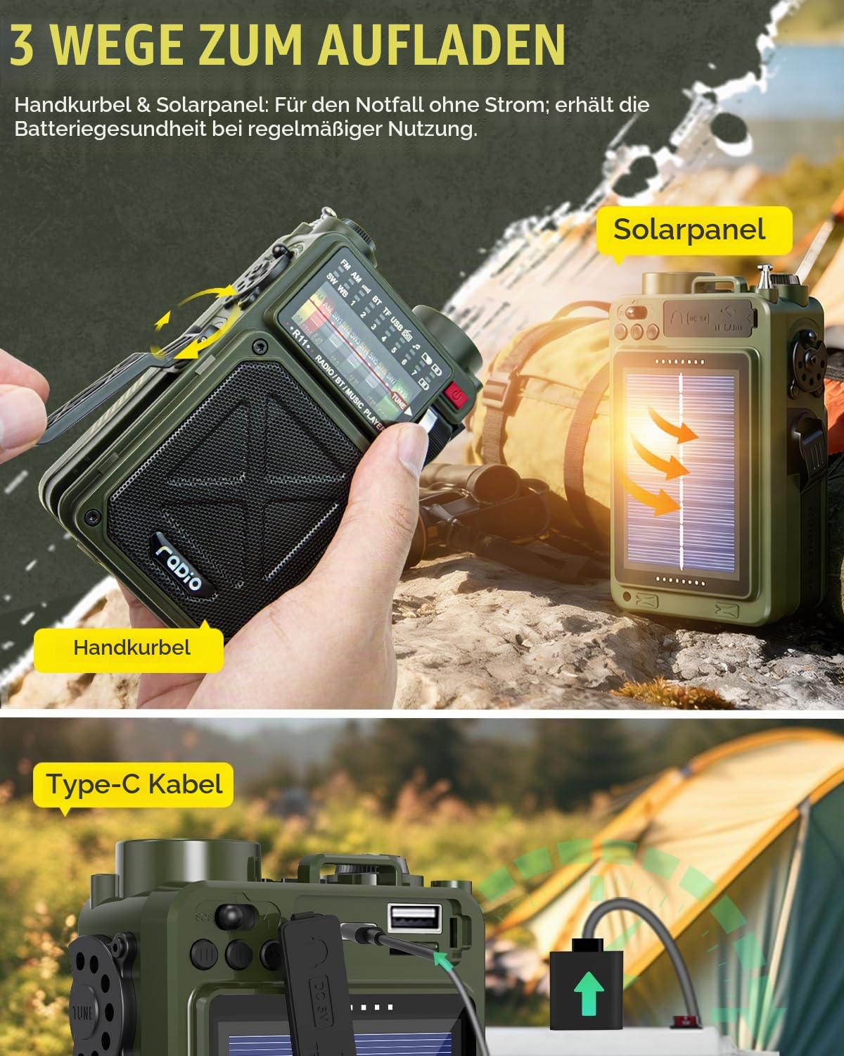 NOAA Wetterradio – 4000 mAh AM/FM/WB/SW Notfall-Radio mit Bluetooth, Taschenlampe, SOS-Alarm, Stromversorgung über USB, Handkurbel und Solarenergie für Camping, Notfall