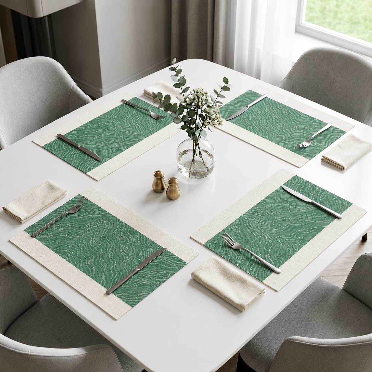 daiDokoro Rectangular Crossweave Woven PVC Vinyl Non-Slip Insulation Heat-Resistant & Waterproof Stain Resistant Washable Placemat for Dining & Kitchen Table-(Jade Green, Set of 4)