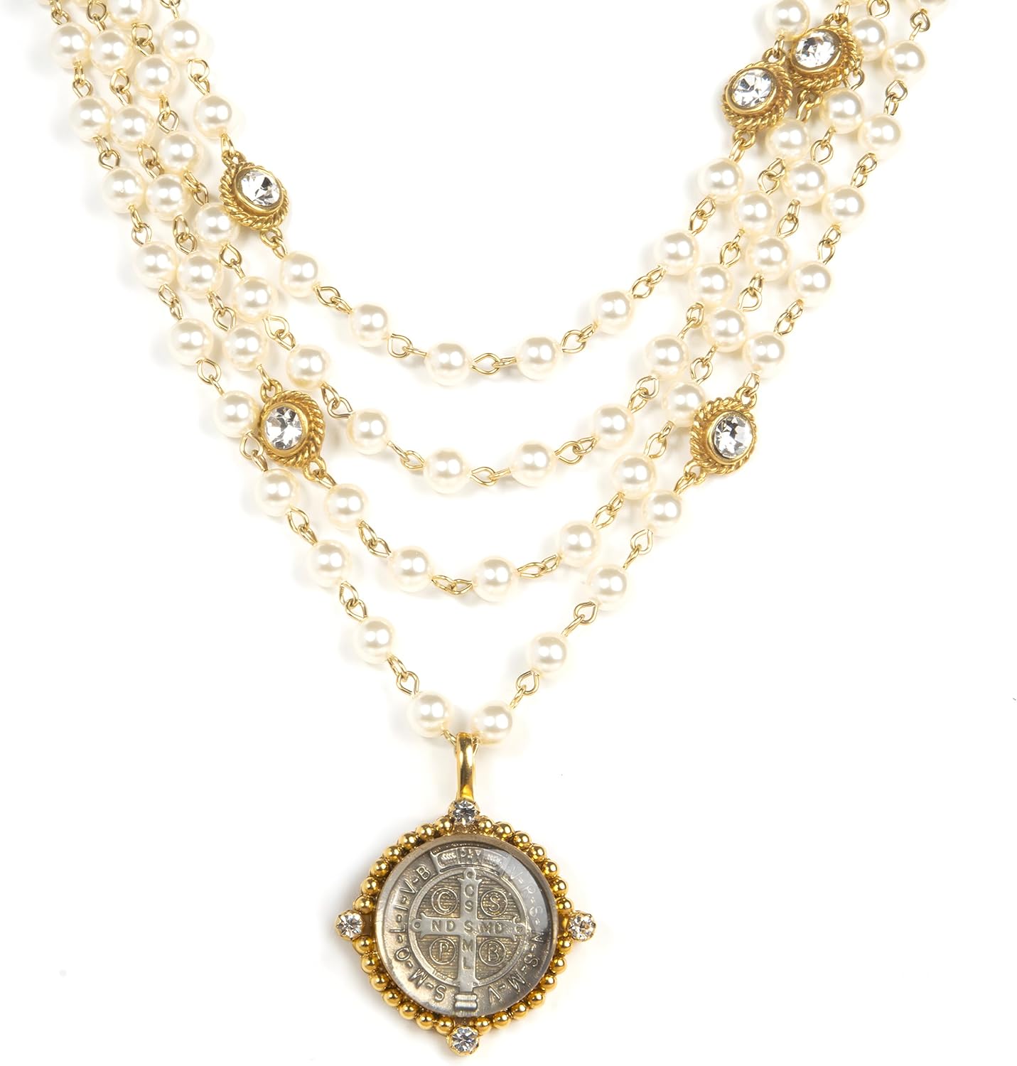Virgins Saints & Angels Magdalena 6mm Pearl Crystal Necklace for Women, Multi-Strand Layered, Luxury Fashion Statement Jewelry