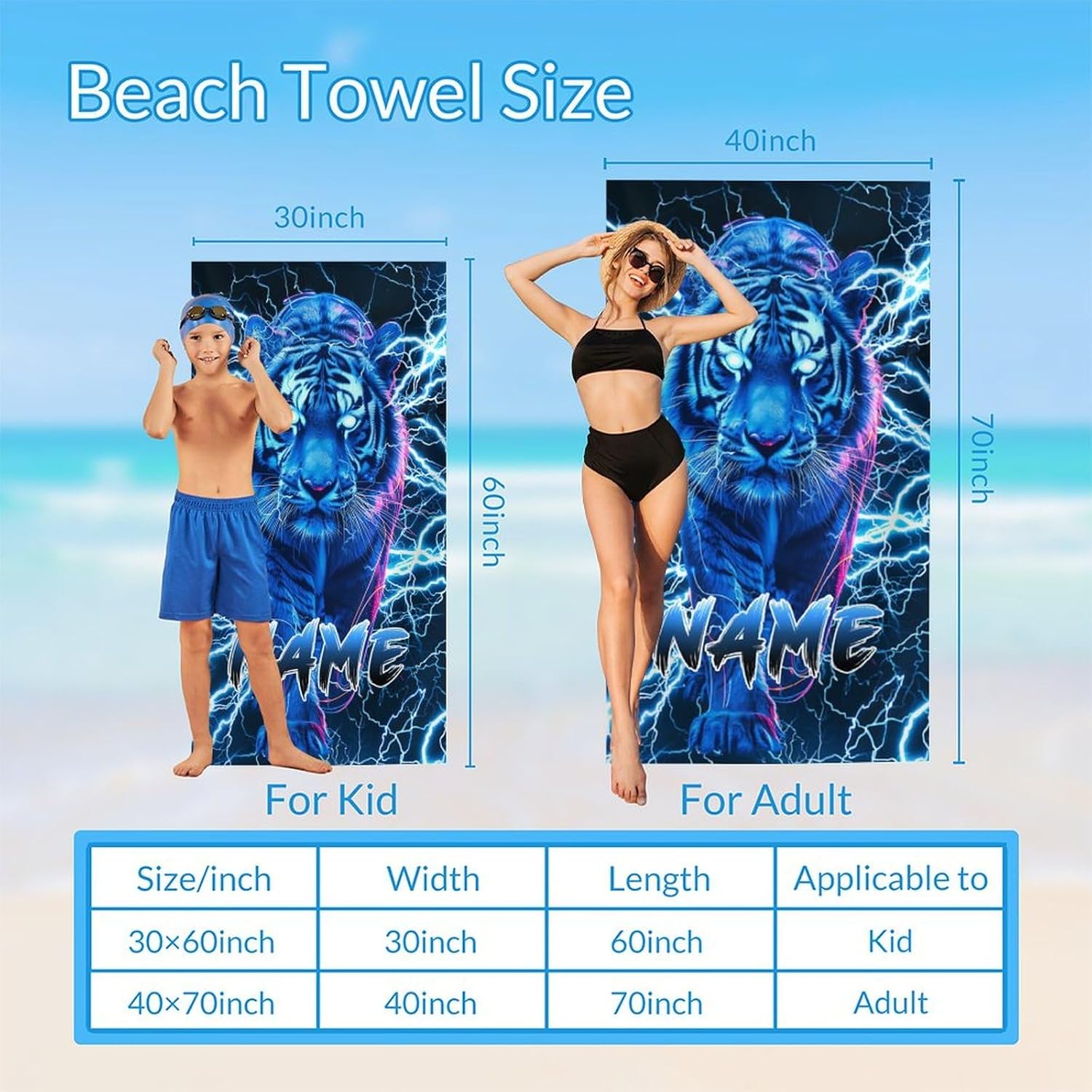 Personalized Tiger Beach Towel for Boys Men, 40”x70” Microfiber Lightweight Sandproof Cool Beach Bath Towels for Kids Adults Travel Swimming Gym, Custom Beach Essential