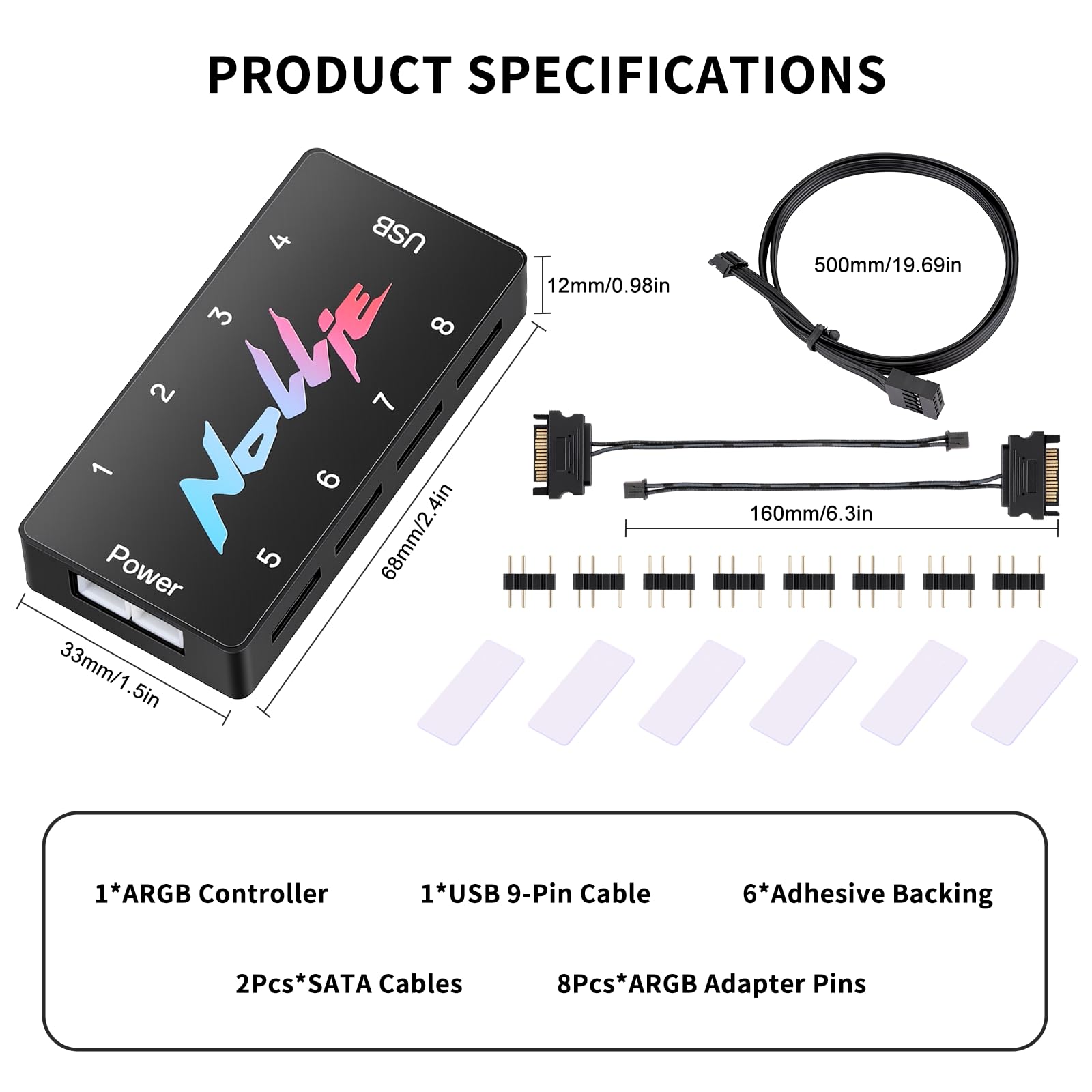 Iesooy Kontroler ARGB 5V 3PIN - Zasilany SATA kontroler ARGB PC Lighting Hub, 8-kierunkowy adresowalny rozdzielacz ARGB, obsługa sygnału RGB OpenRGB