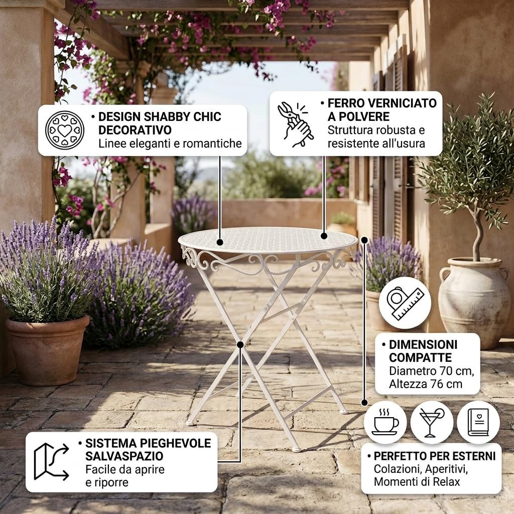 DiKasa Tavolo da Giardino Rotondo Pieghevole in ferro bianco - Tavolino da esterno in metallo verniciato a polvere stile shabby chic, salvaspazio per balcone, terrazzo, veranda o giardino, Ø70x76 cm