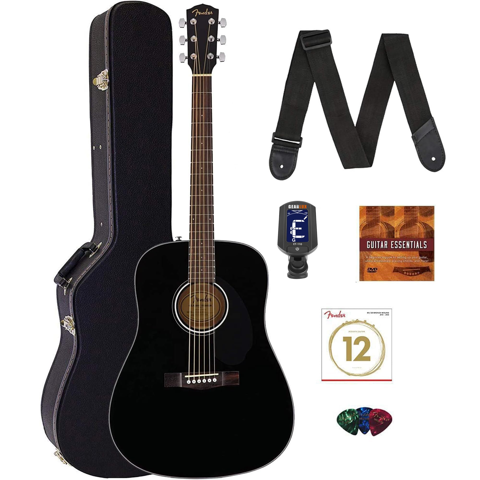 CD-60S Solid Top Dreadnought Acoustic Guitar - Black Bundle with Hard Case, Tuner, Strap, Strings, Picks, and Austin Bazaar Instructional DVD